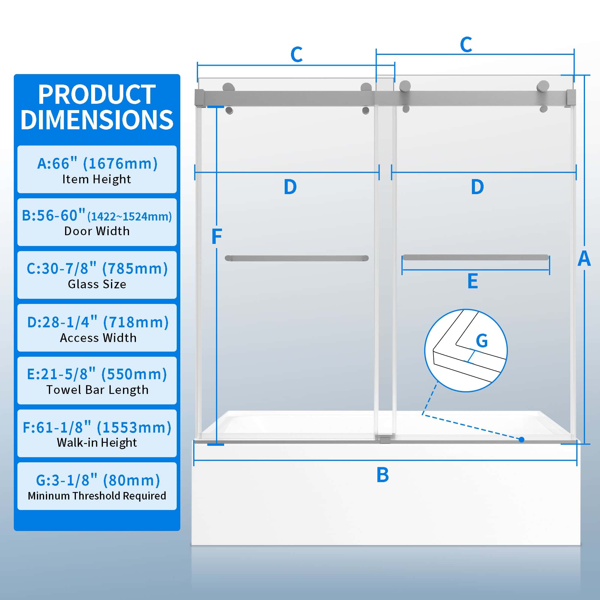 56-60"W × 66"H Double Sliding Frameless Bathtub Door With 3/8 inches (10mm) Clear Tempered Glass, Brushed Nickel Finish