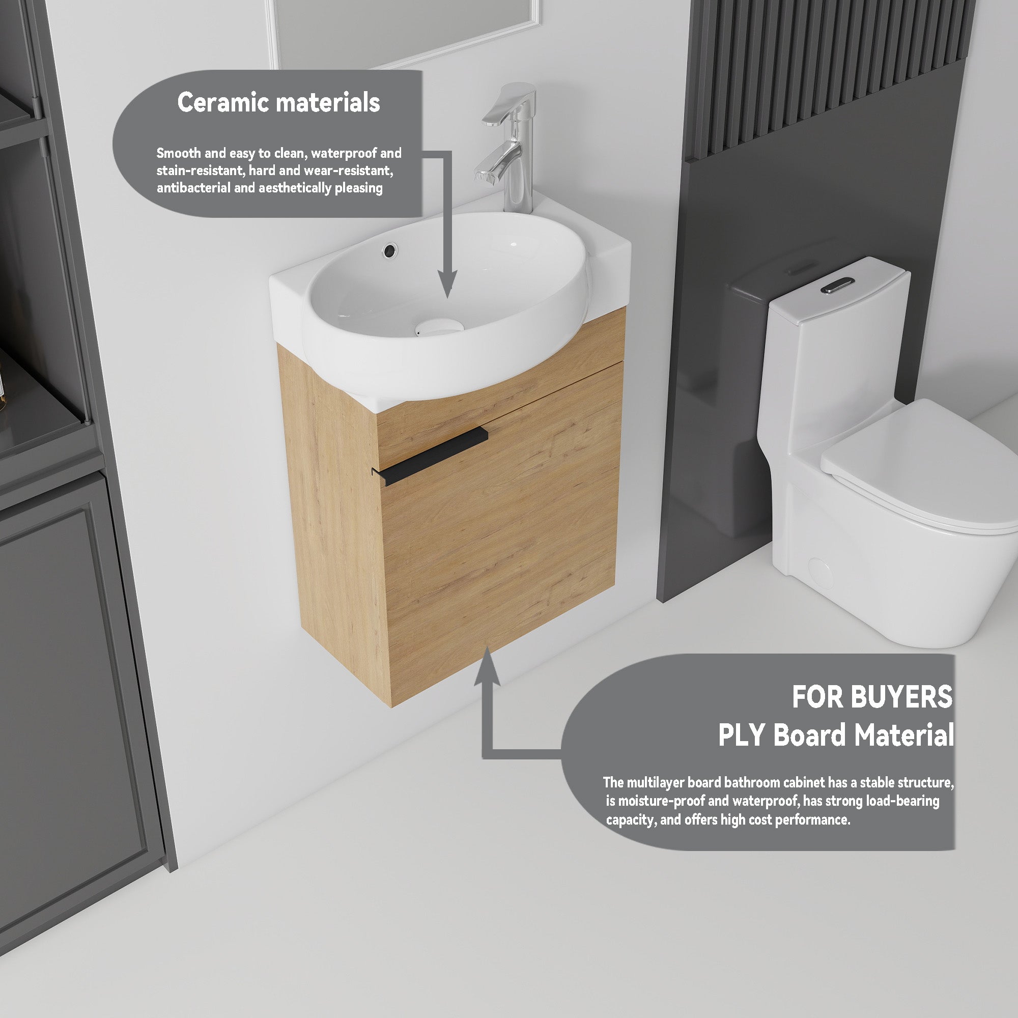 Small bathroom oak wall-mounted vanity with open soft-close doors