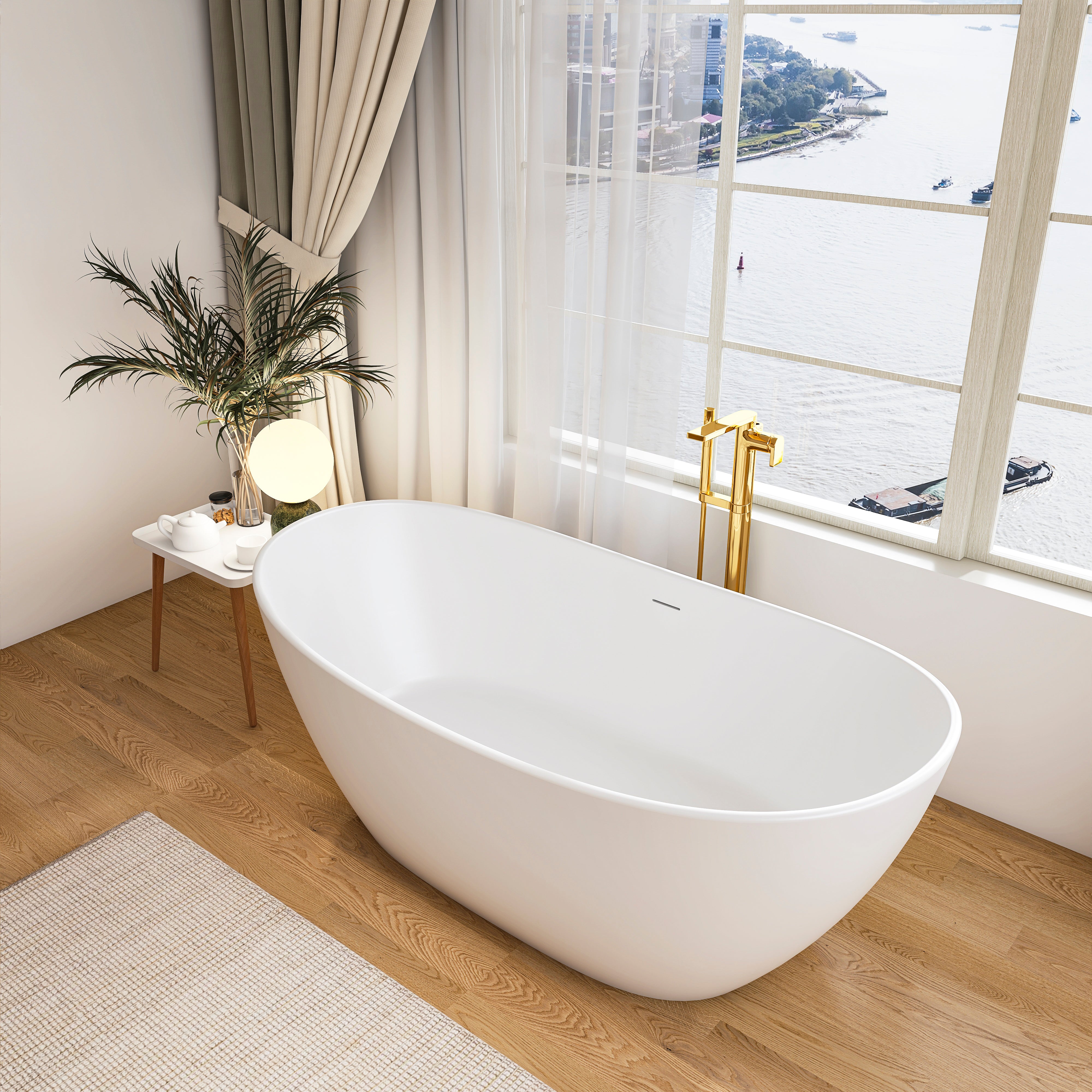 65 inch solid surface freestanding soaking tub, side profile view