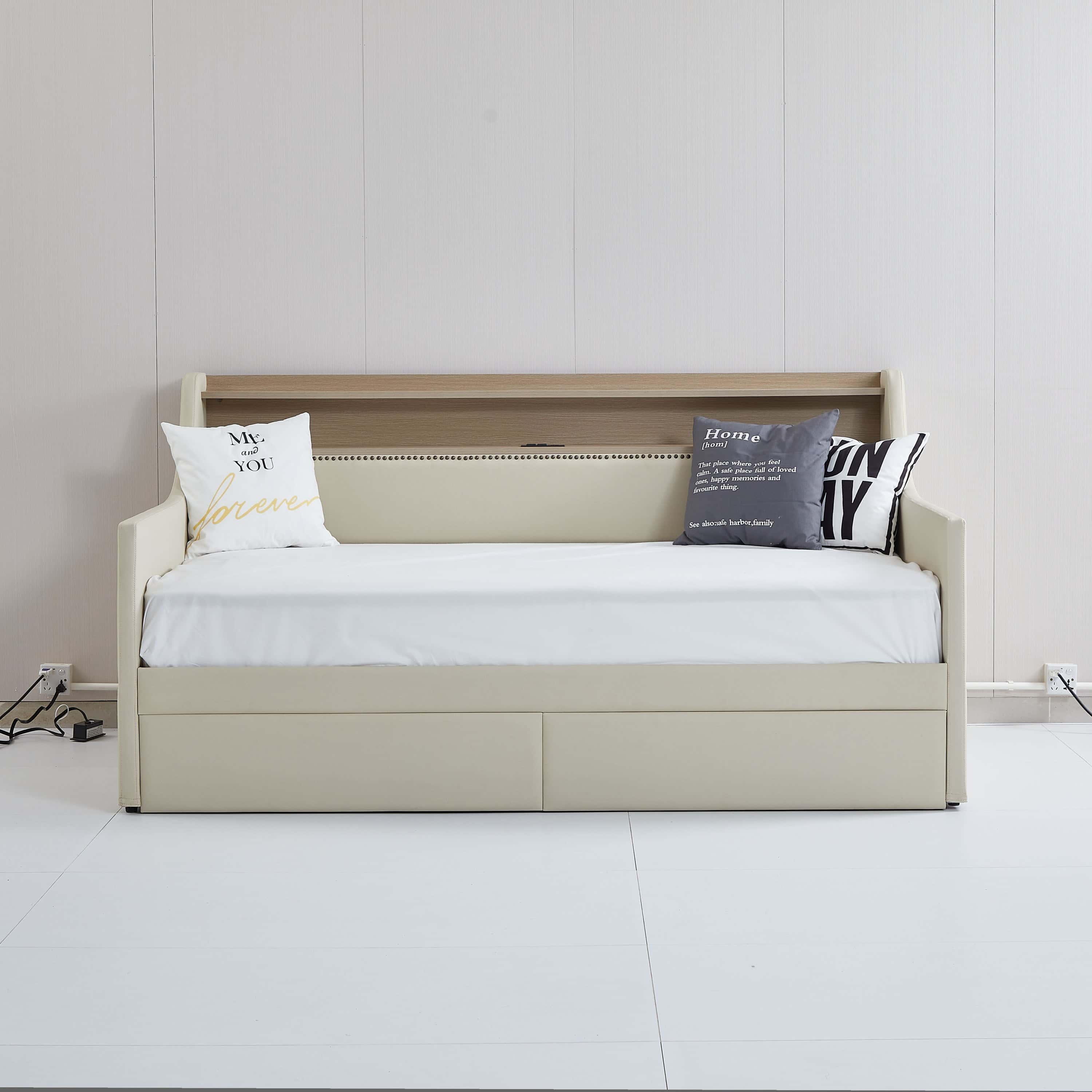 Twin Size Daybed with Storage Drawers, Upholstered Daybed with Charging Station and LED Lights, Beige (Old Item W1580S00022)