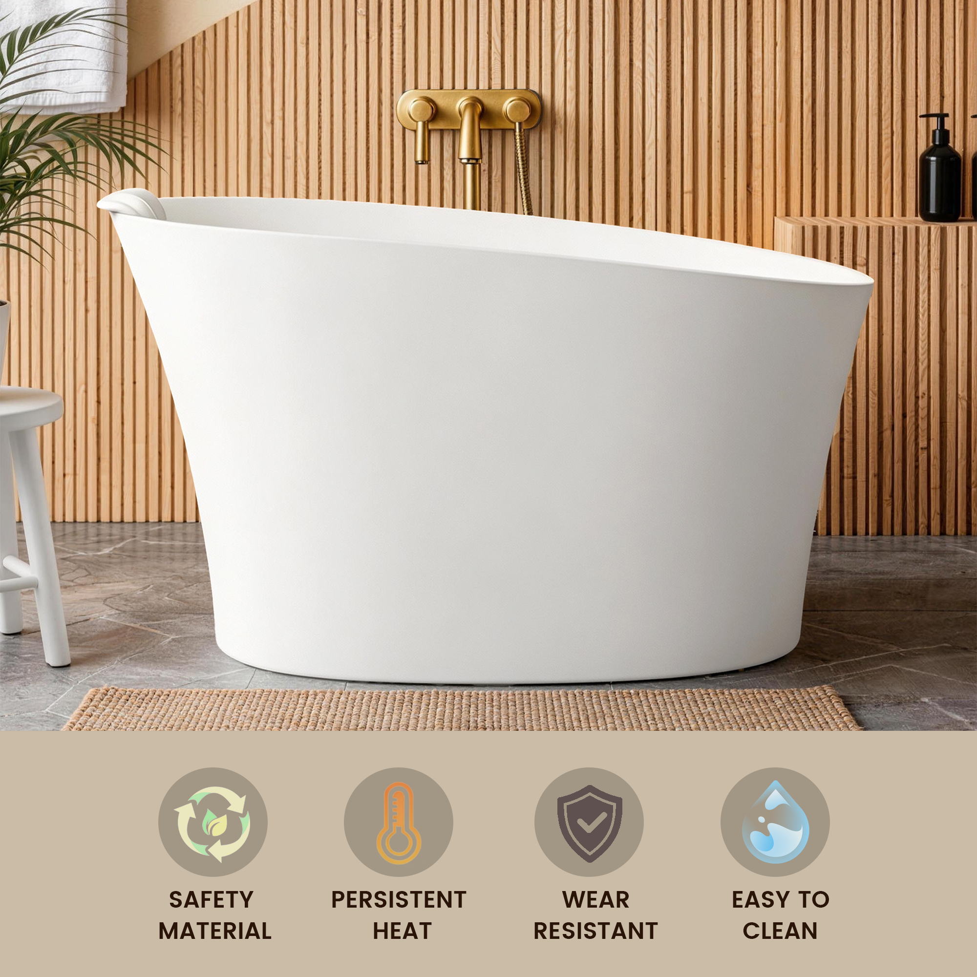 Glossy white freestanding bathtub interior showing headrest and drain