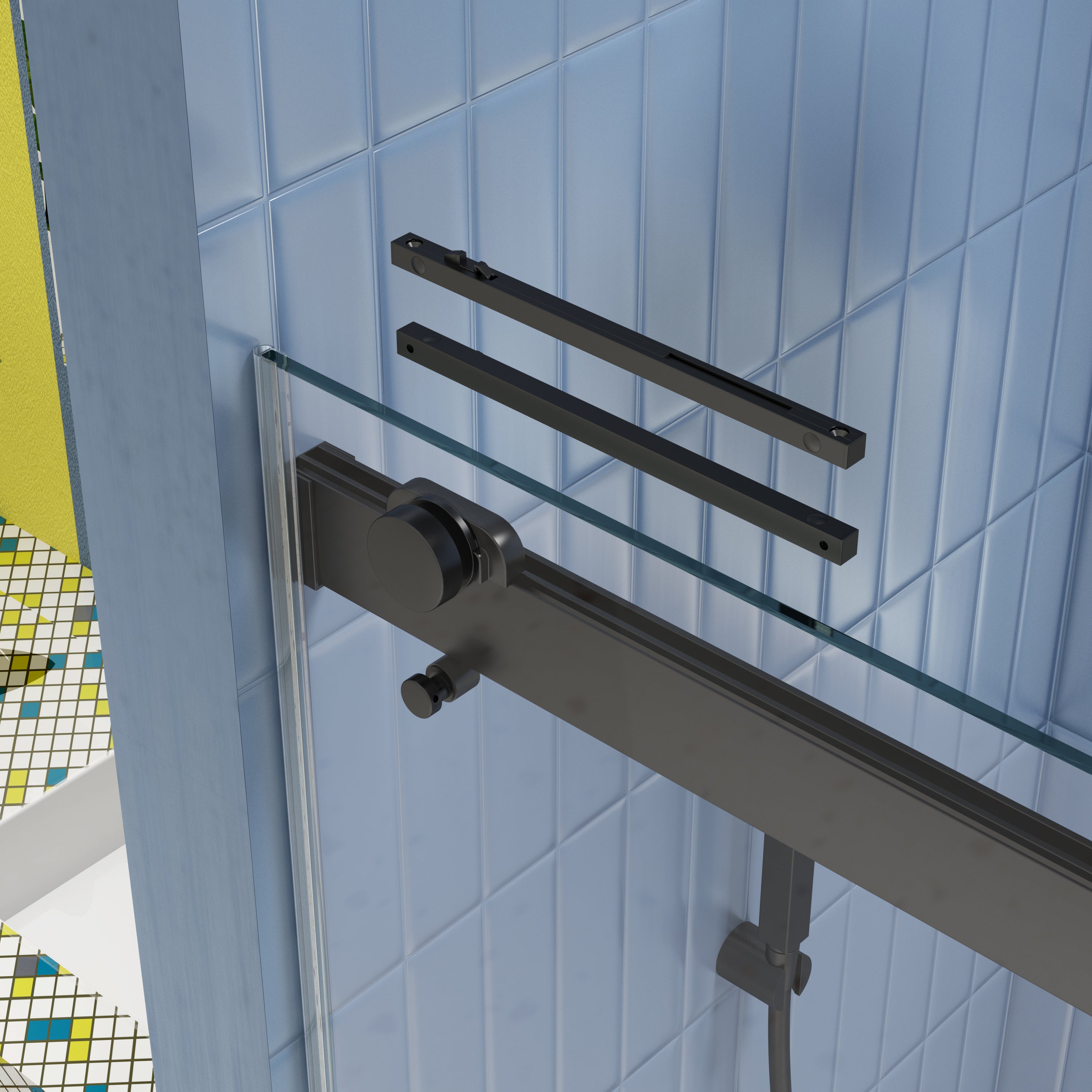Bypass sliding shower door glass panel detail