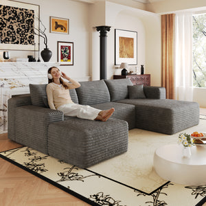 Dark grey 103-inch L-shaped corduroy sectional sofa, front view