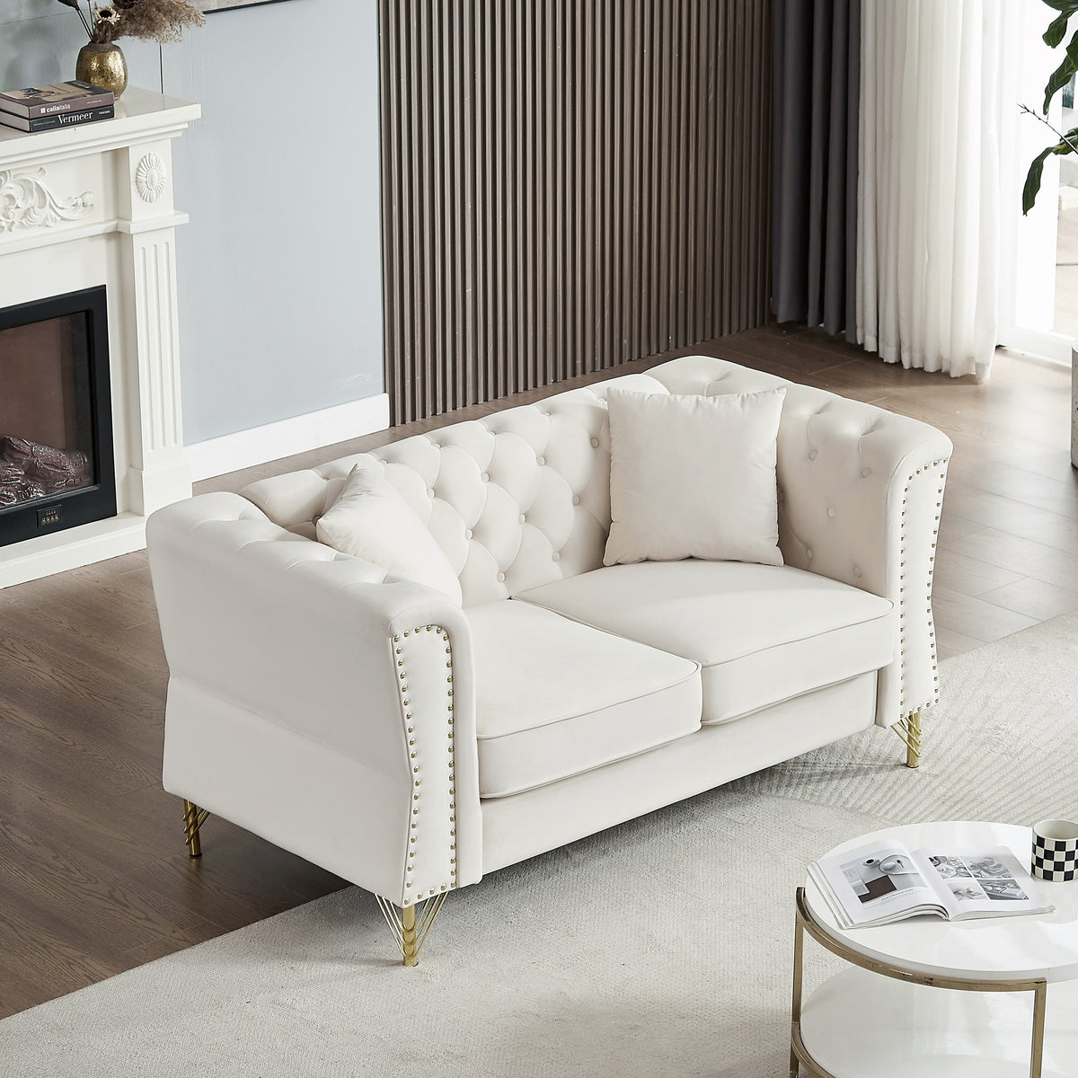 60.2" Chesterfield Sofa Beige Velvet for Living Room, 2 Seater Sofa Tu ...