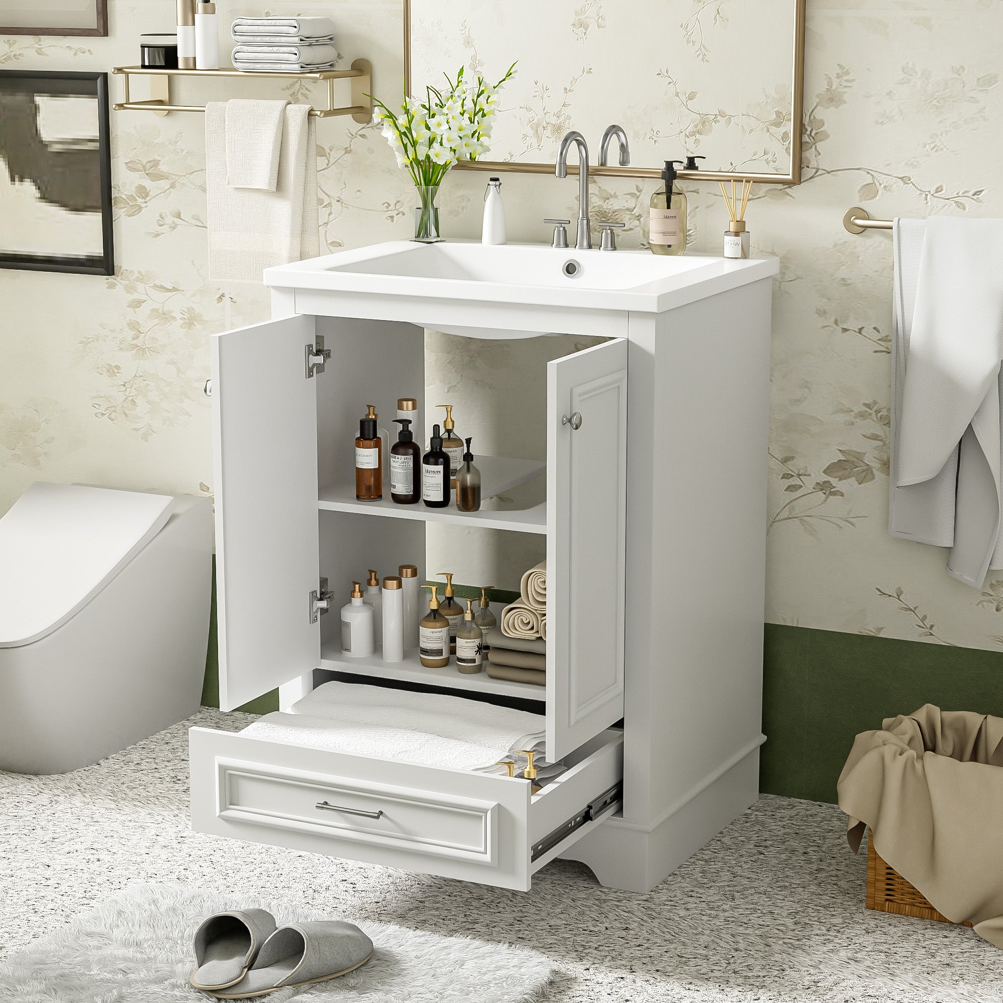 24 inch freestanding bathroom vanity with integrated ceramic sink, angled view