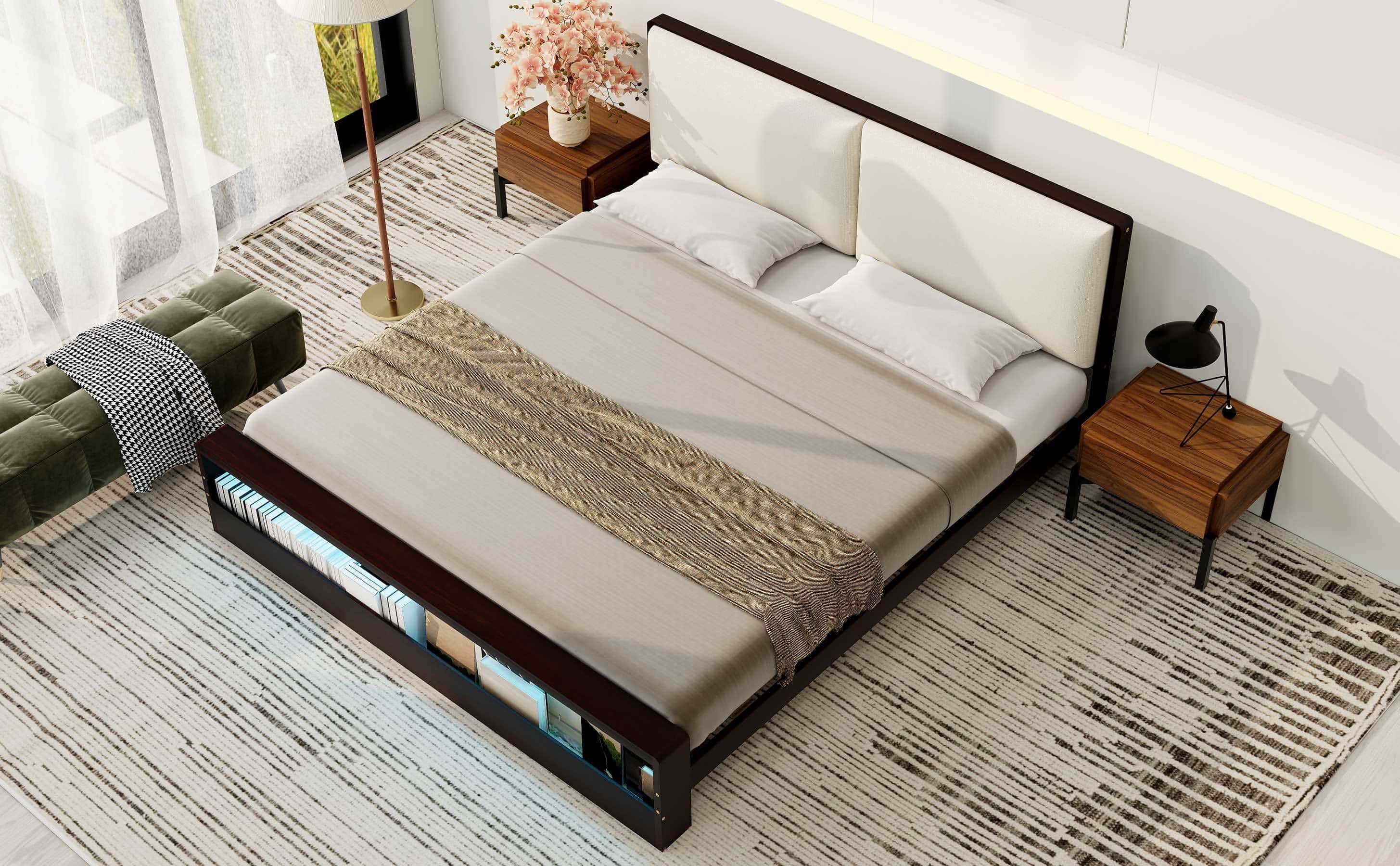 King Size Platform Bed Frame with Upholstery Headboard and Bookshelf in Footboard and LED Light Strips, Espresso