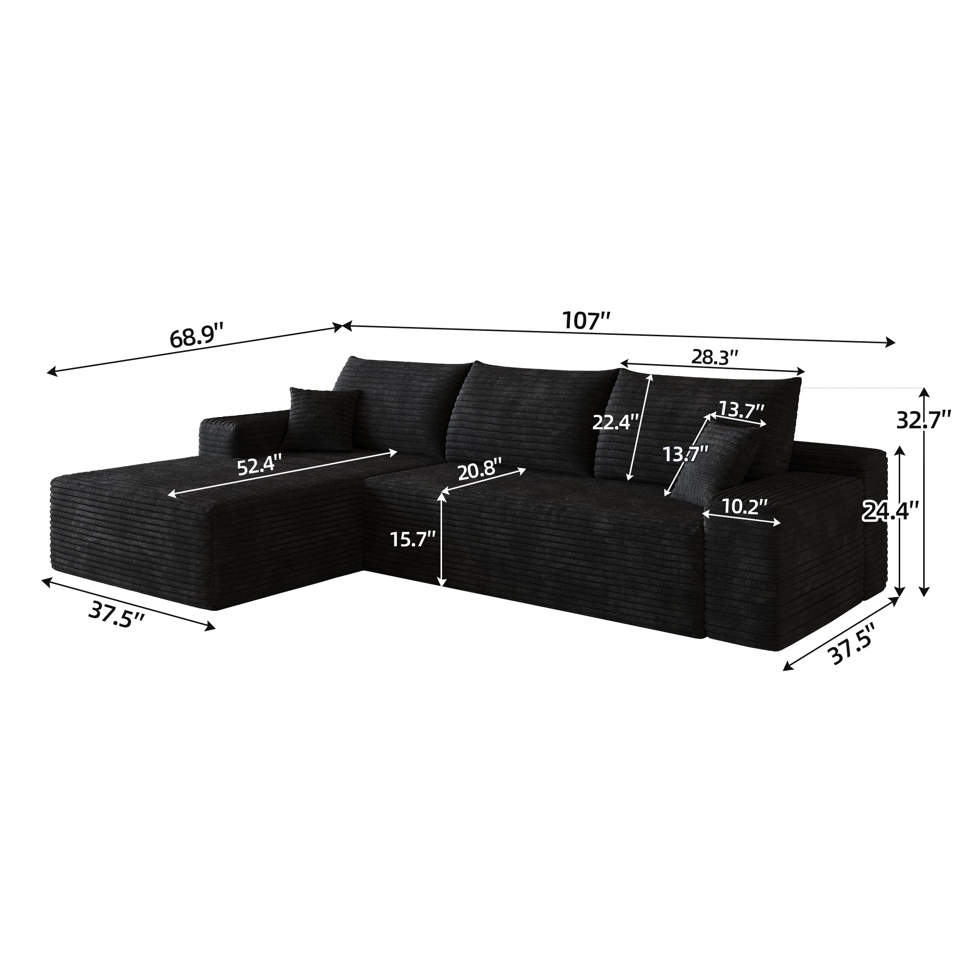 Black plush corduroy sectional sofa in living room setting