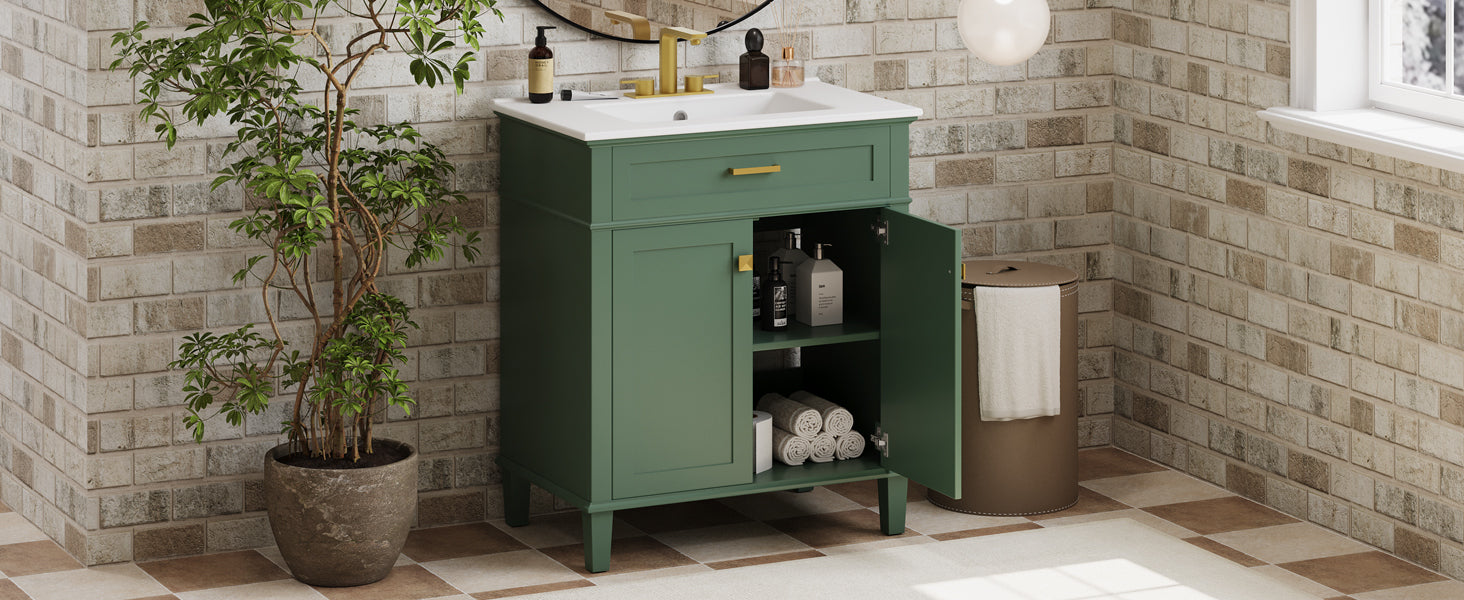 30-inch bathroom vanity with ceramic basin,  soft close door and adjustable shelves