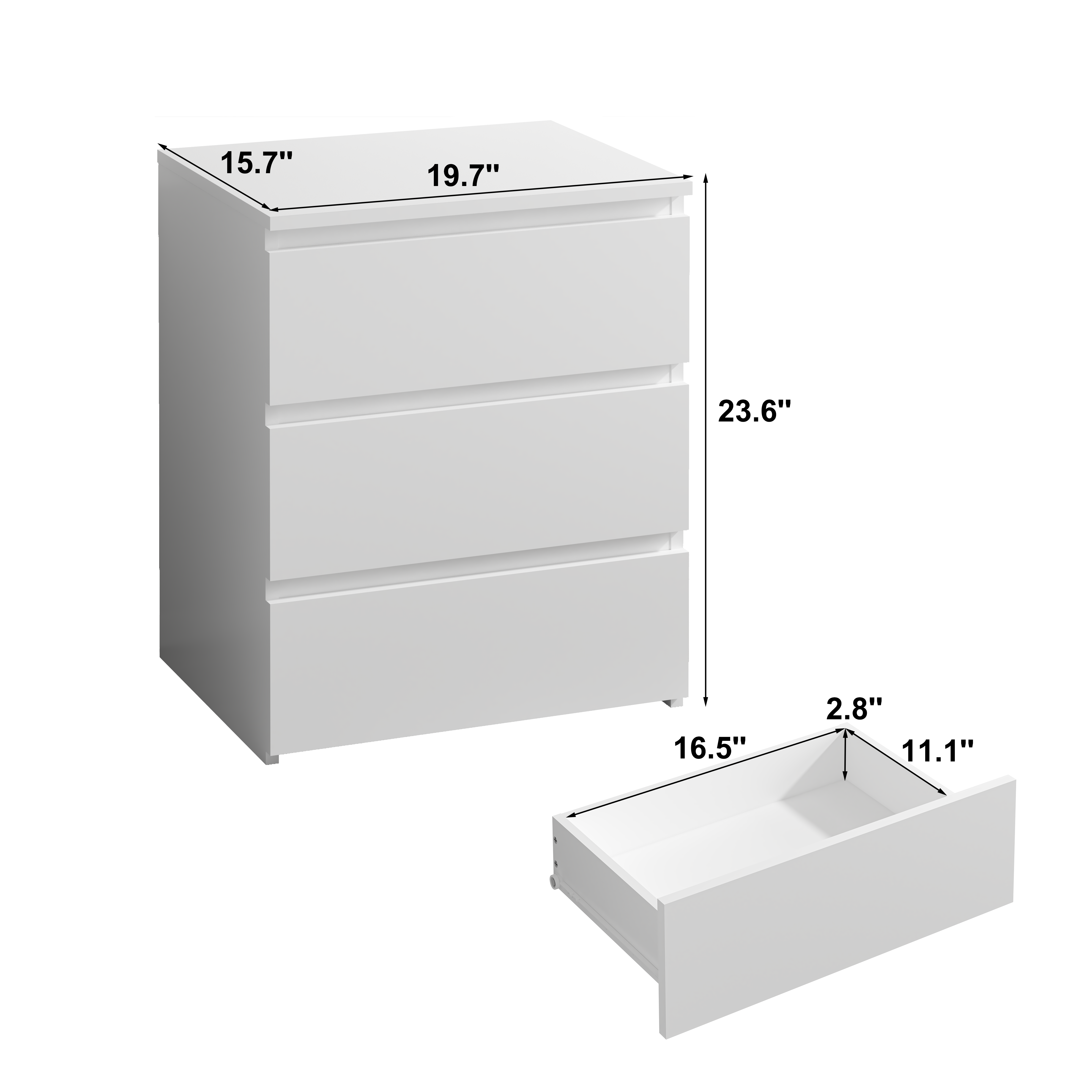 White 3-drawer wood nightstand, drawers open detail