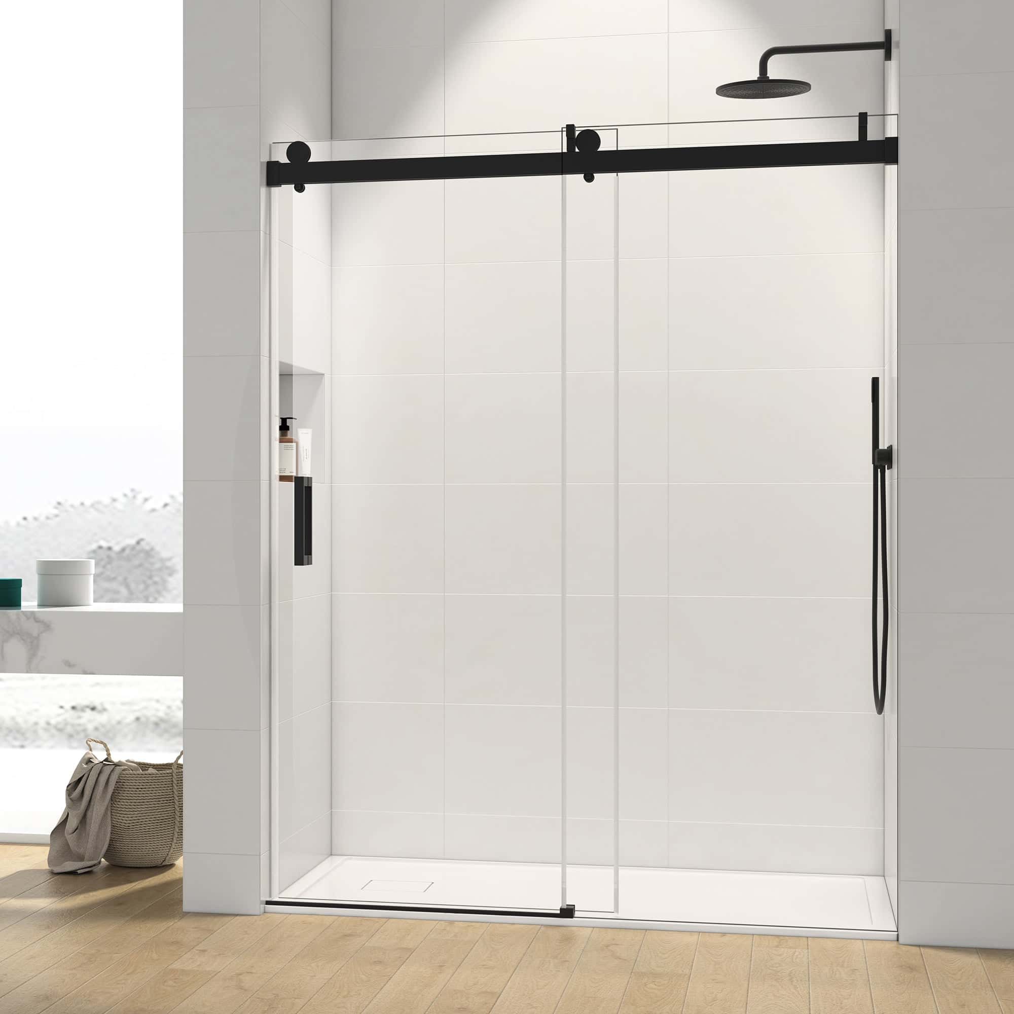 50-60"W x 76"H Single Sliding Frameless Shower Door in Matte Black with Soft-Closing with 3/8 Inch Clear Glass