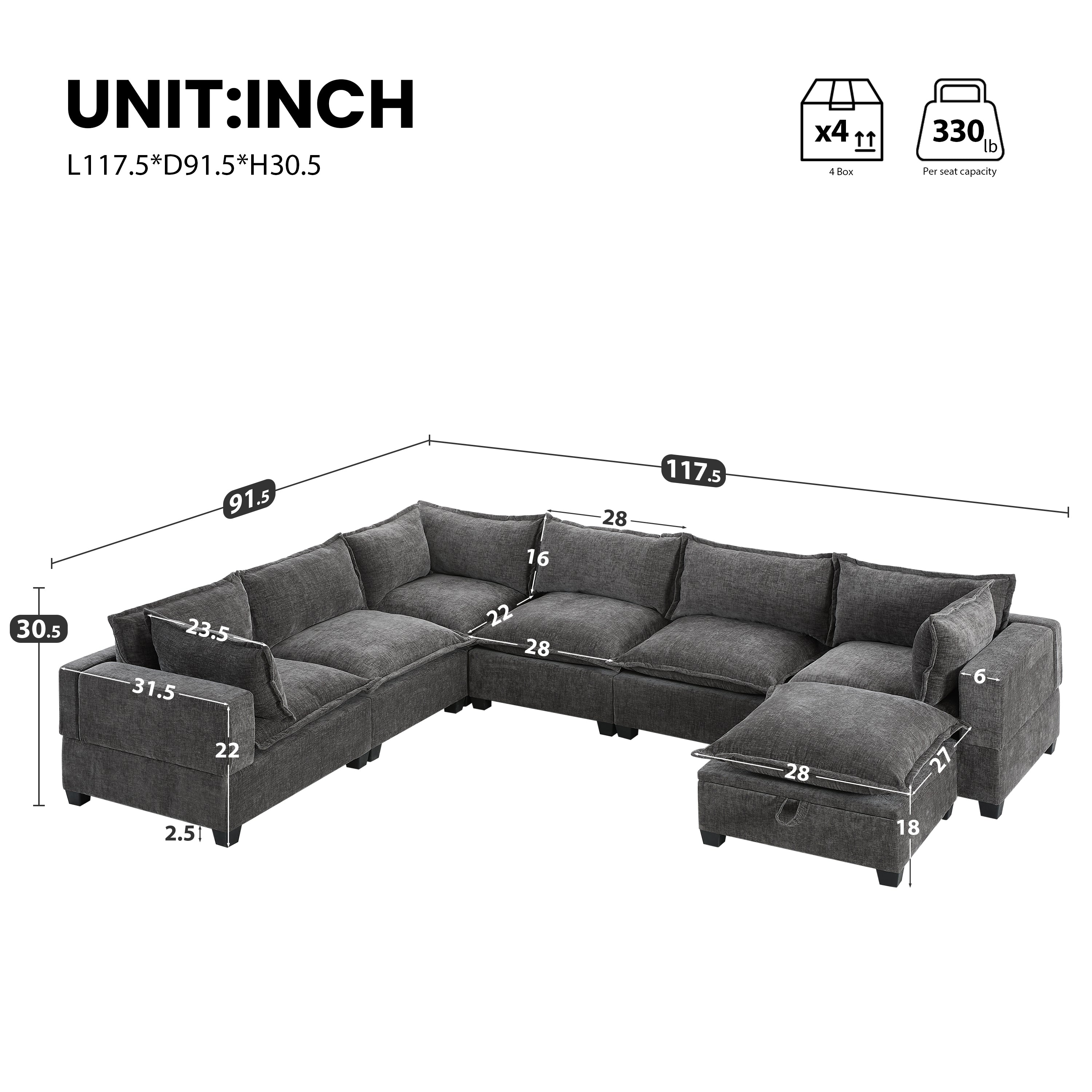 Modular sectional sofa with movable storage ottoman, chenille, angled view