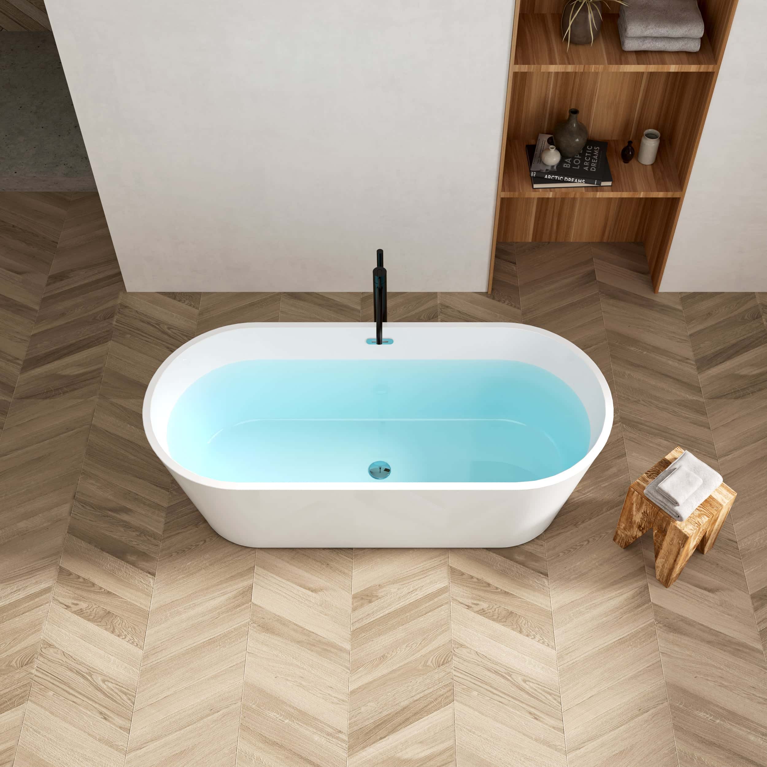 67" Acrylic Freestanding Bathtub, Modern & Contemporary Design Soaking Tub with Toe-tap Drain in Chrome and Classic Slotted Overflow, Glossy White, cUPC Certified, 02136