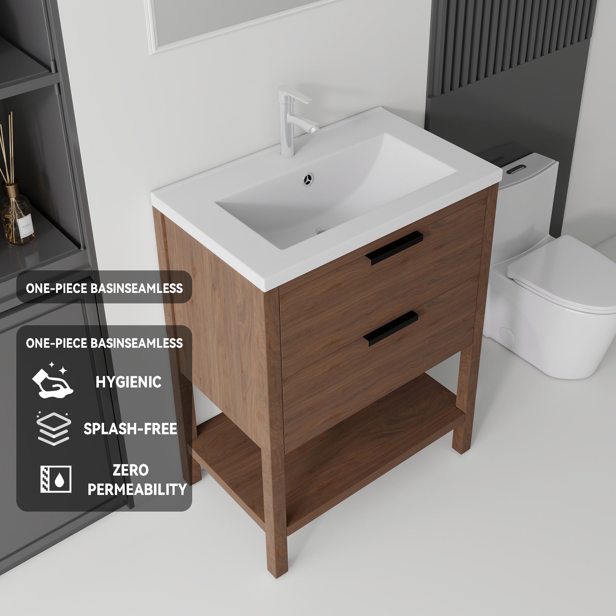 Brown freestanding vanity soft-close drawer open, detail view