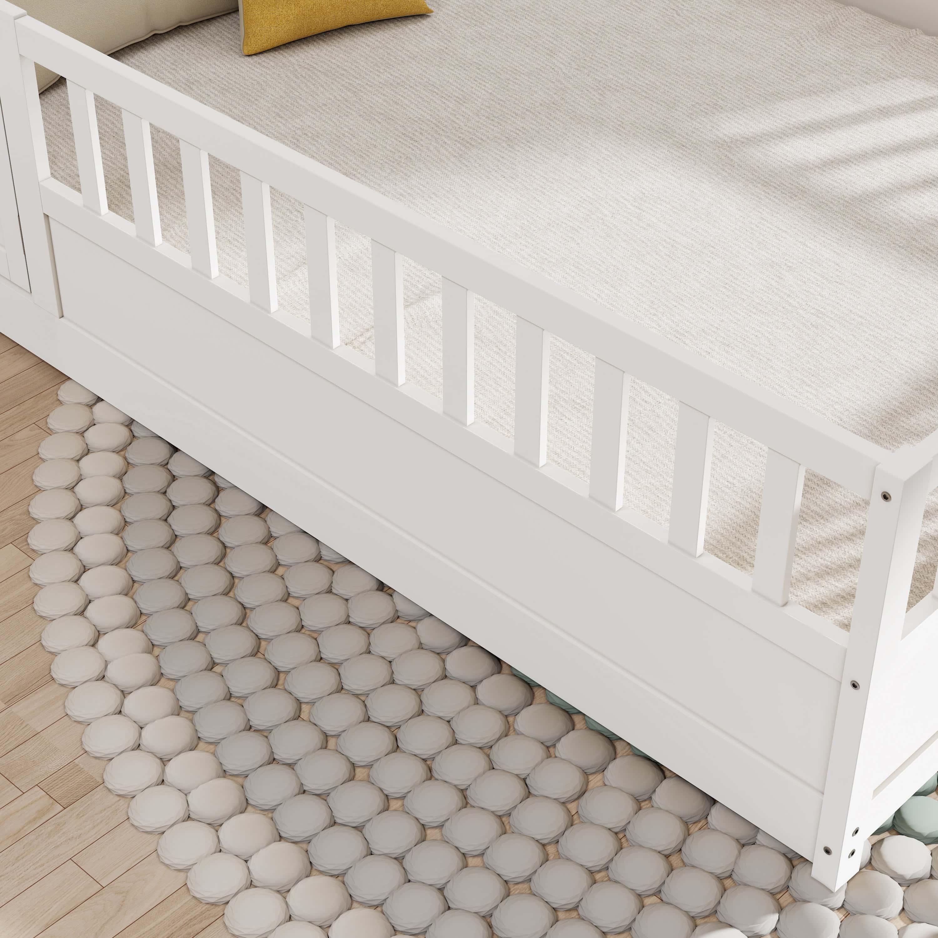 Full size Floor bed, integral construction with super high security barrier, door, children's floor bed frame, Montessori wooden children's floor bed, Support slat white