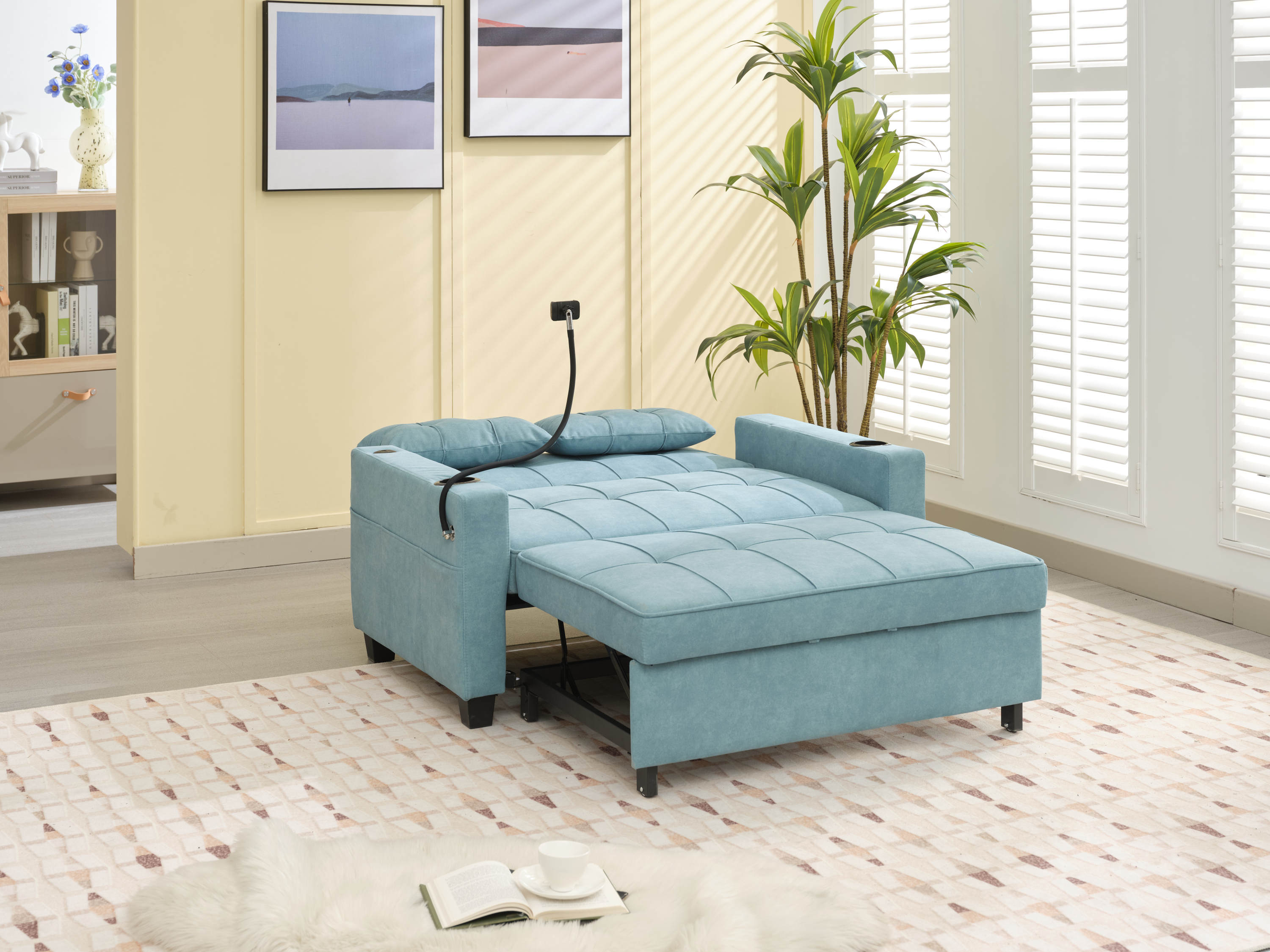 Futon Chair Bed Convertible Chair 3-in-1 Pull Out Sleeper Chair Beds with USB Ports,Wear-resistant and Anti-scratch, Armchair Bed Sleeper for Living Room (Green Tech cloth)