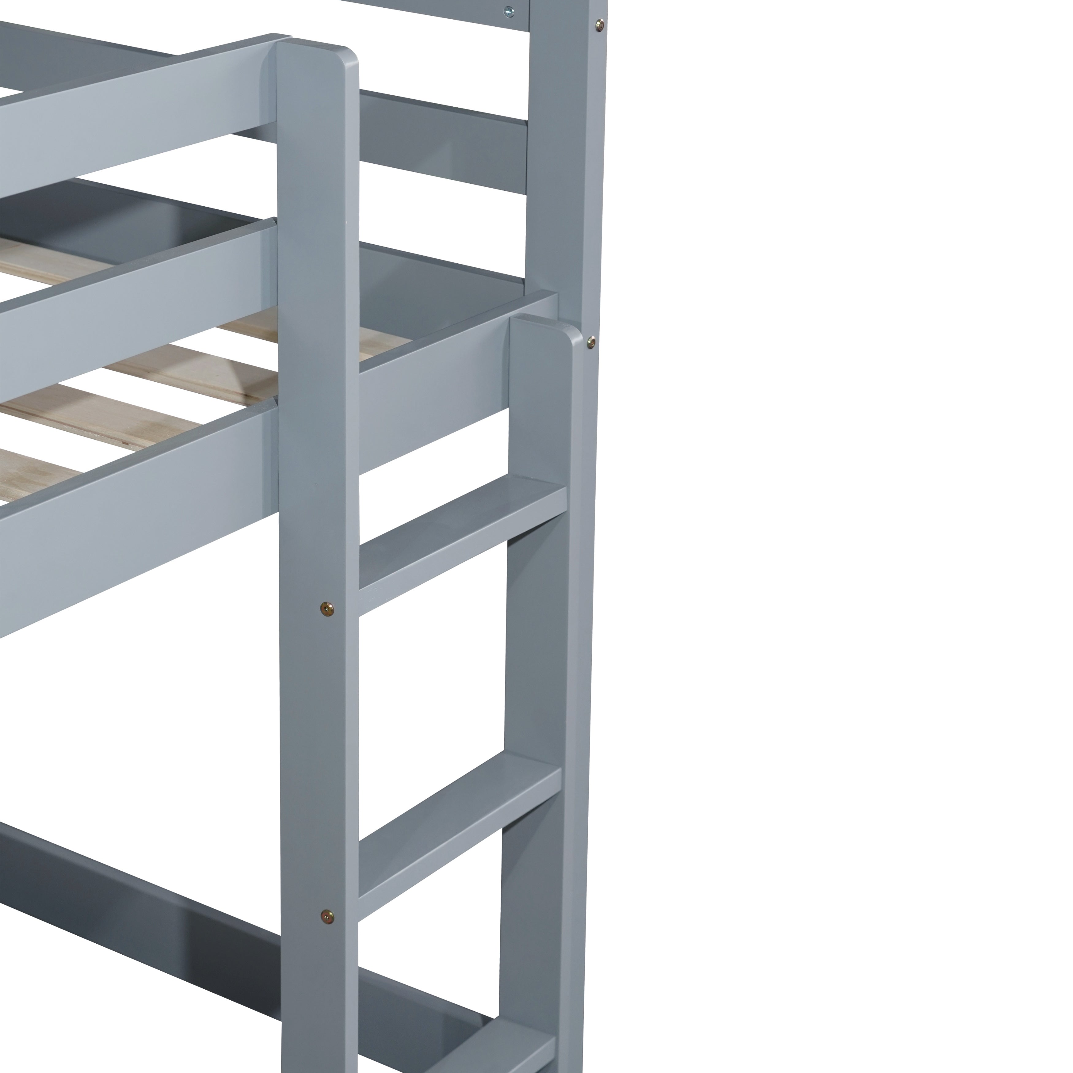 Twin over twin wood floor bunk bed with ladder, grey finish, front view