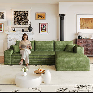 Green corduroy L-shaped sectional sofa, 103 inch, front view