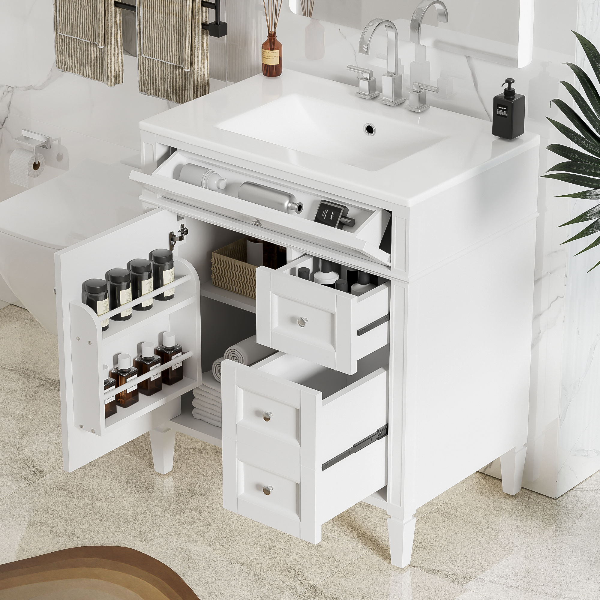Modern bathroom vanity single sink cabinet, side profile
