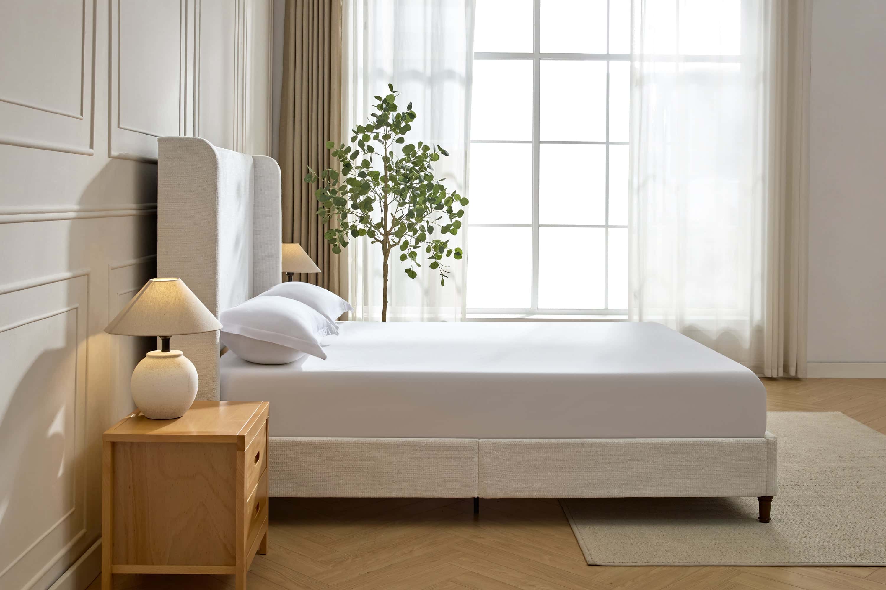 Harper Tall Headboard Upholstered Bed / 54" High Headboard / Elegant Simplicity / No Box Spring Needed / Easy Assembly / Queen / Cream White Chenille