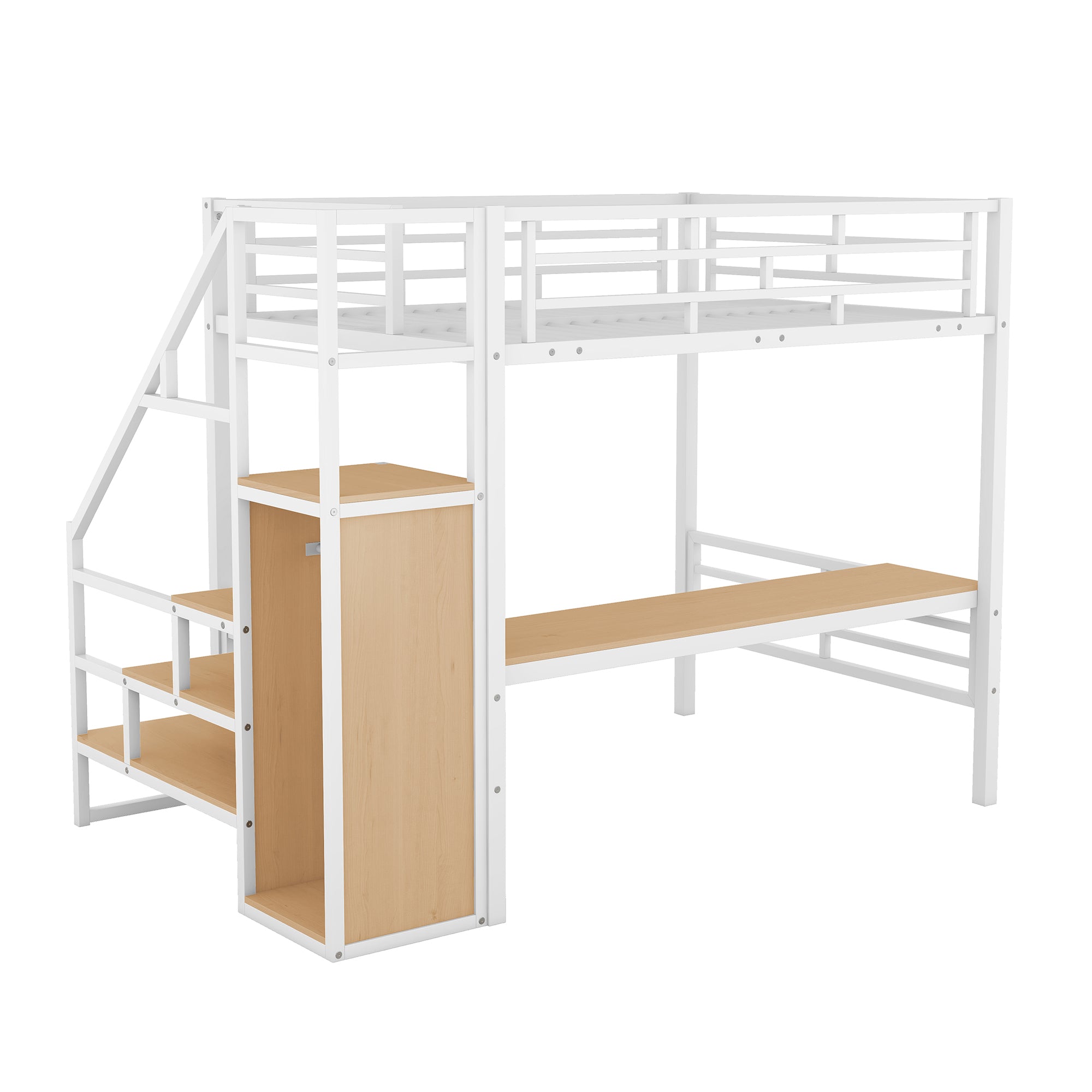 Full Size Metal Loft Bed with Desk, Storage Staircase and Small Wardrobe, Storage stairs can be installed left and right, White