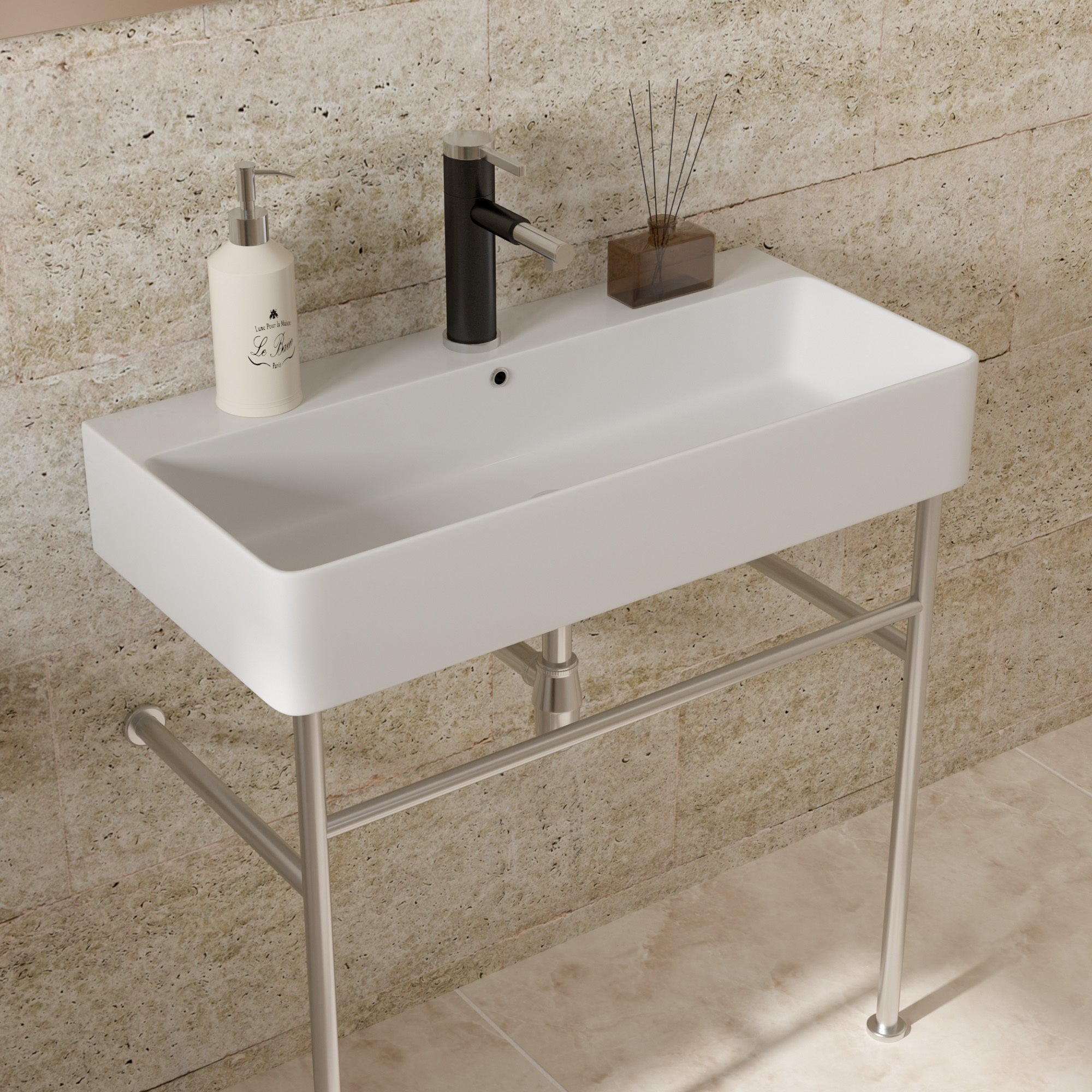 32" Bathroom Console Sink with Overflow,Ceramic Console Sink White Basin Polished Nicke Legs