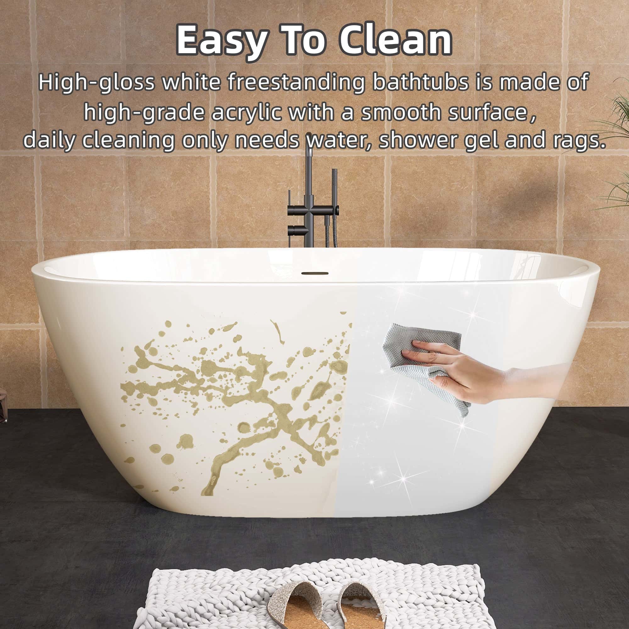 55" Acrylic Freestanding Bathtub Modern Stand Alone Soaking Bathtub with Overflow and Pop-up Drain Gloss White
