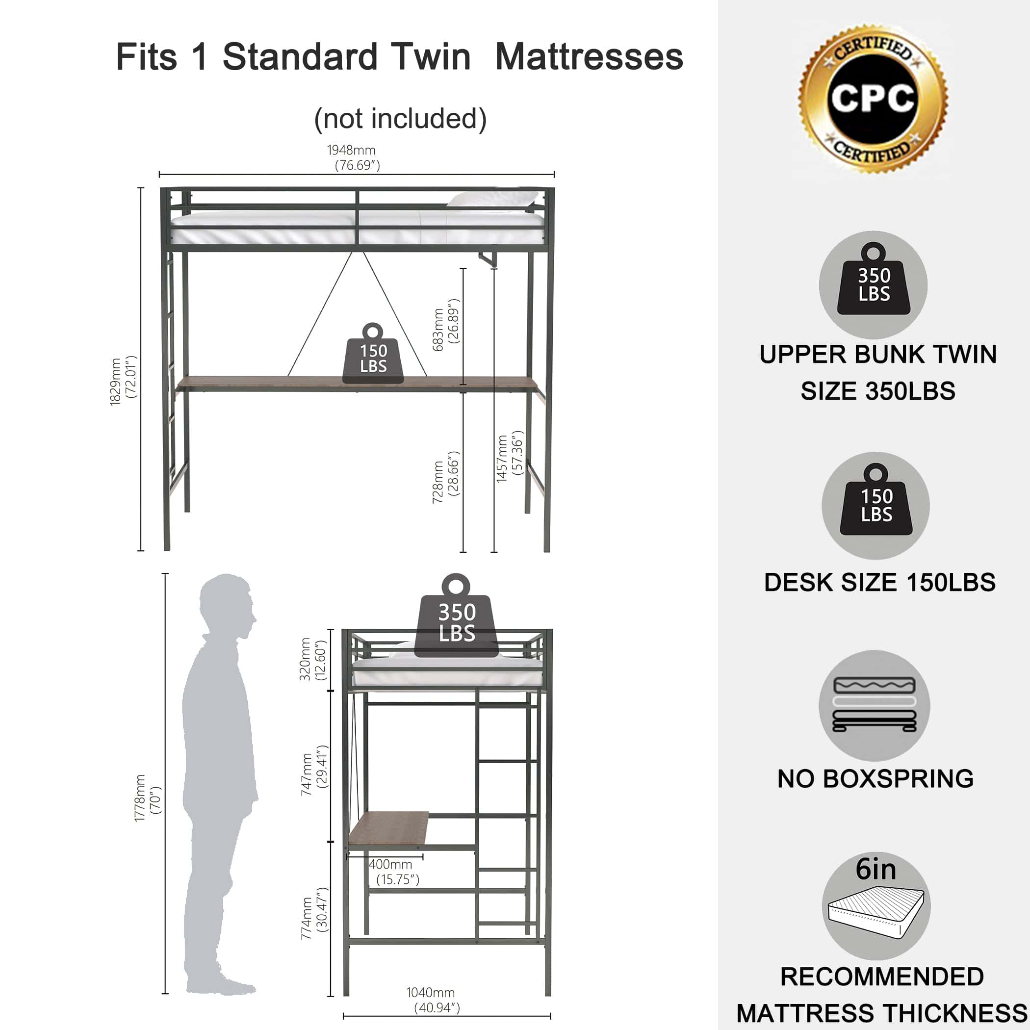 Adam Sturdy Twin Loft Bunk Black with Cinnamon Wood Desk and Closet Rod for Adult and Kids, and Easy Climbing with Sturdy Ladder, Space Saving