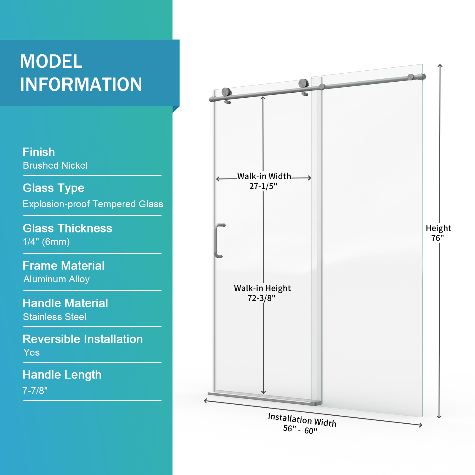 Frameless sliding shower door 56-60 inch brushed nickel installed walk-in shower view