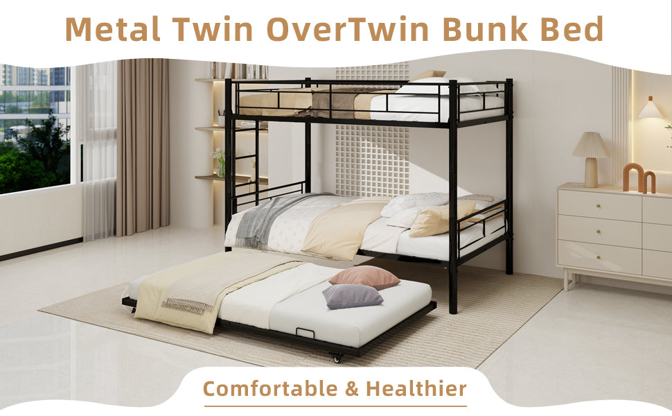 Twin metal triple bunk bed, black modern finish, convertible layout