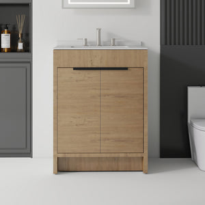 24 inch freestanding bathroom vanity with granite-white cultured marble top and oak cabinet, front view
