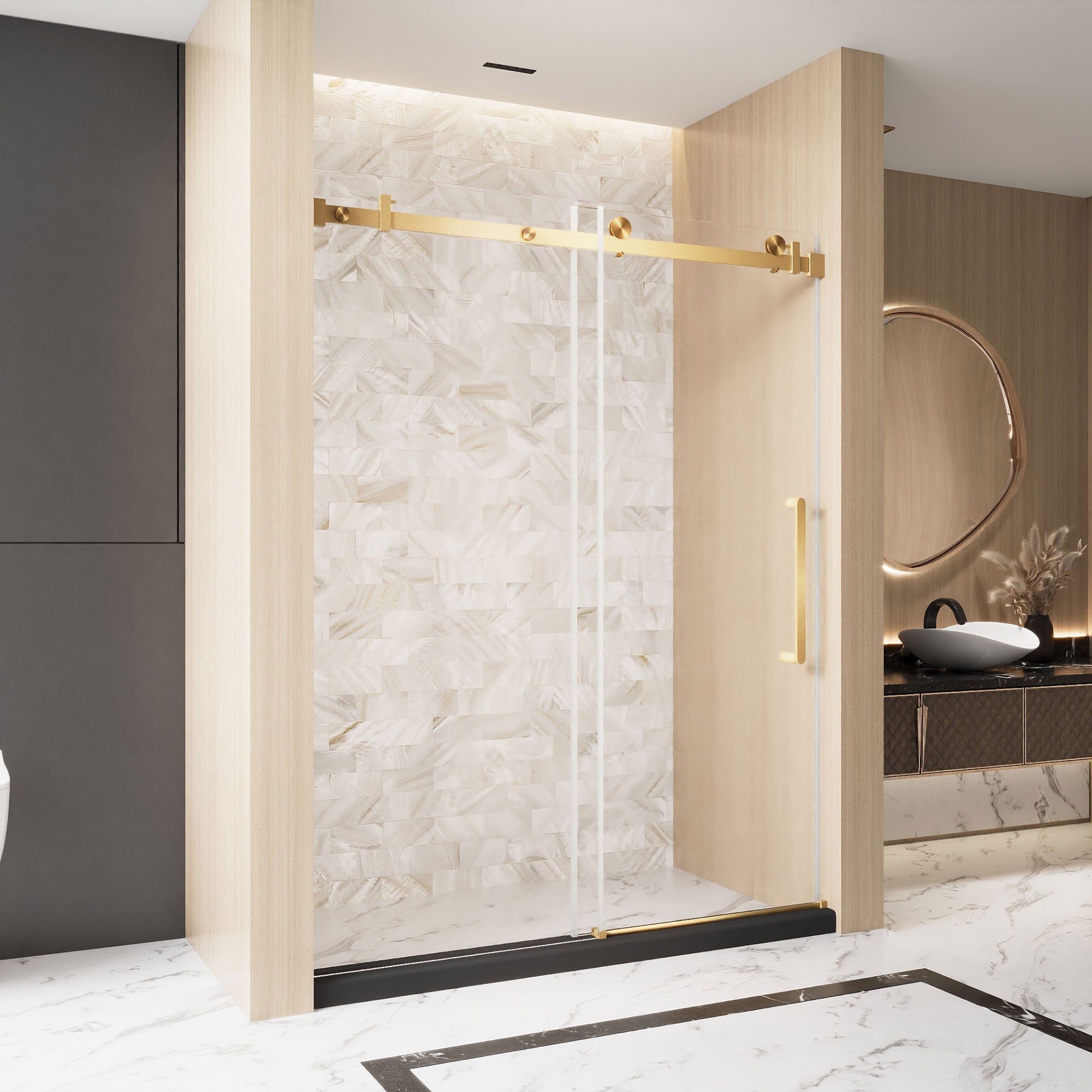 48 x 76 in Frameless Single Sliding Square-Tube Shower Door - 48 x 76 in / Brushed Gold / Square Tube view 3