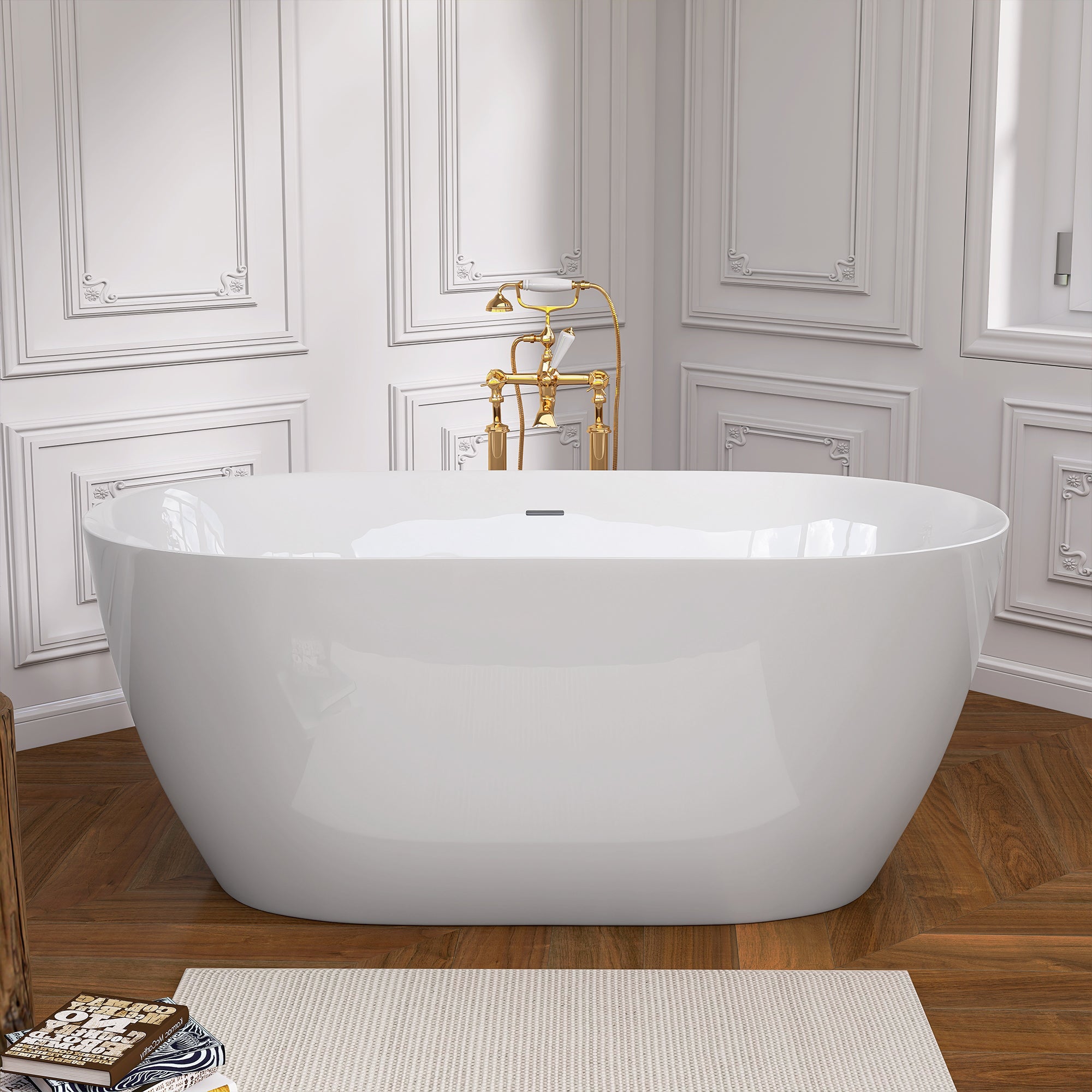 55 Inch Acrylic Freestanding Bathtub Contemporary Soaking White Tub with Overflow and Pop-up Drain Gloss White