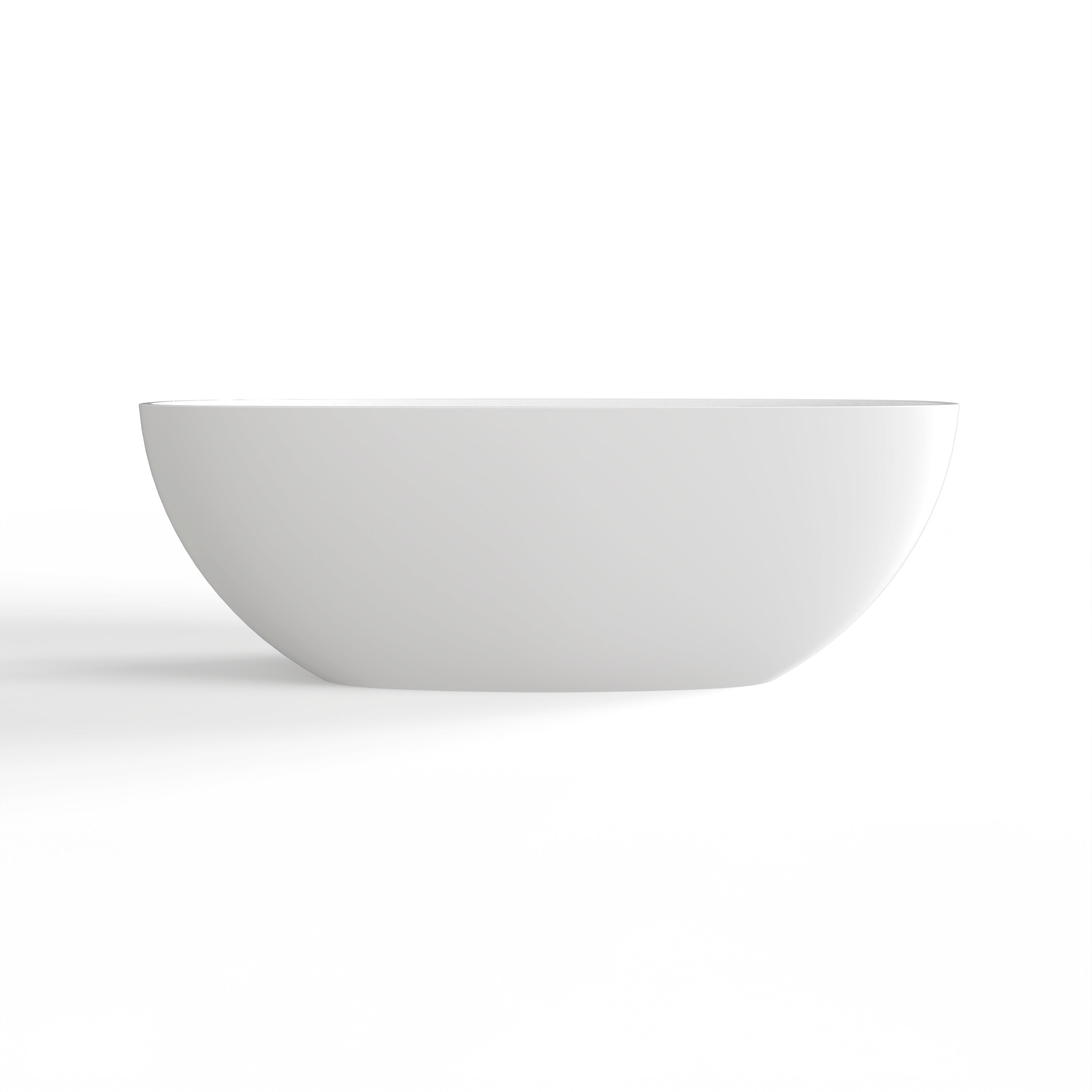 66.9 inch freestanding soaking tub, white, side profile in bathroom