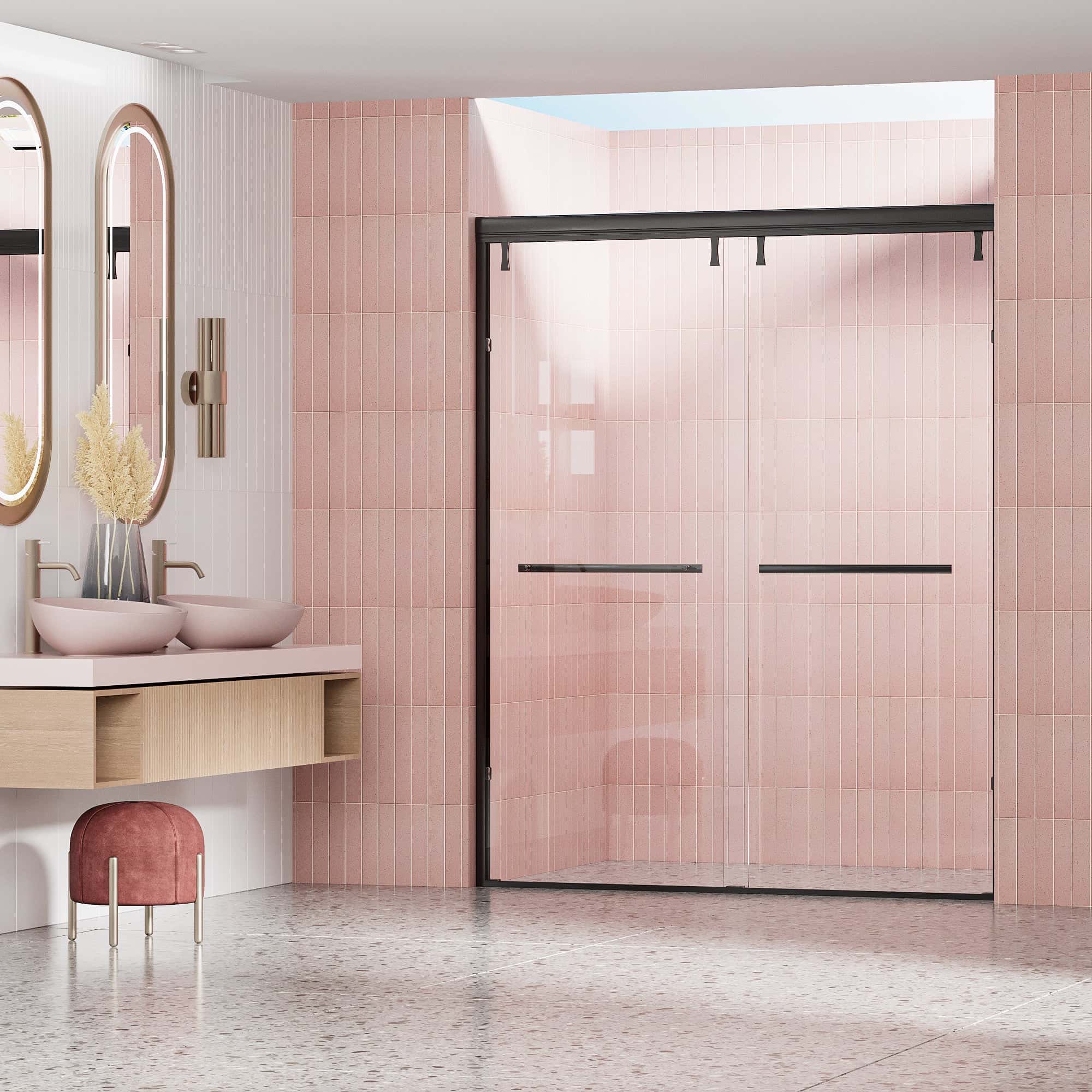 56-60"W x 76"H Semi-Frameless Shower Door, Double Sliding Shower Door, 5/16" (8mm) Clear Tempered Glass Shower Door with Explosion-Proof Film, Matte Black 24D212-60MB-COMBO-1