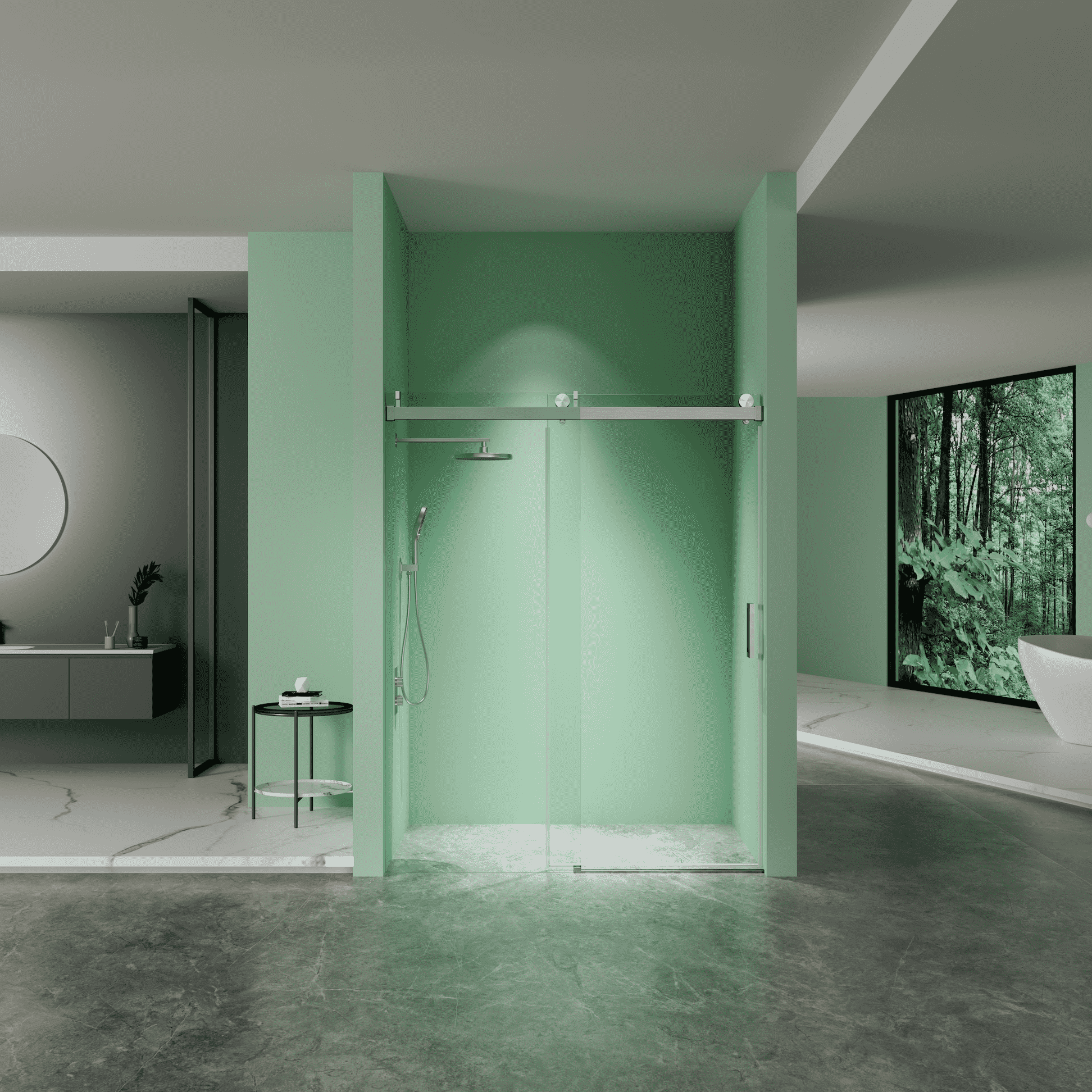 (43-48"W x 76"H), (56-60"W x 77"H), (68-72"W x 76"H), (68- 72"W x 77"H), (56-60"W x 76"H) Sliding Frameless Soft-Close Shower Door with Premium 3/8 Inch (10mm) Thick Tampered Glass in Brushed Nickel