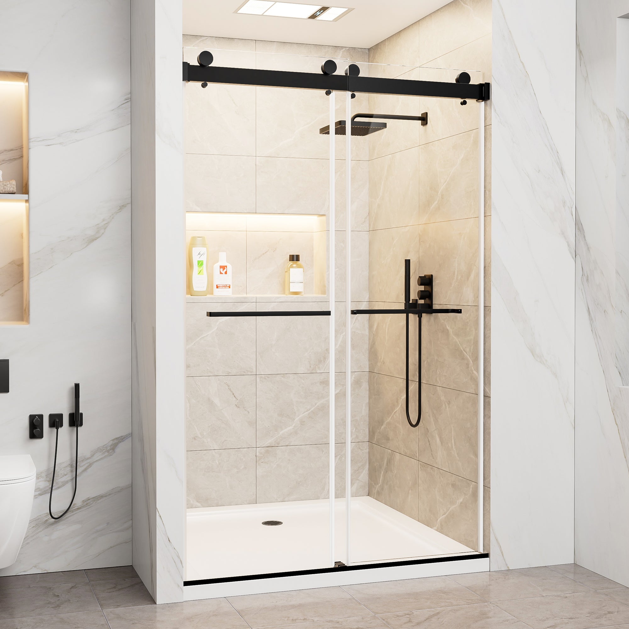 44-48 x 76 in Frameless Double Sliding Shower Door - Matte Black view 2