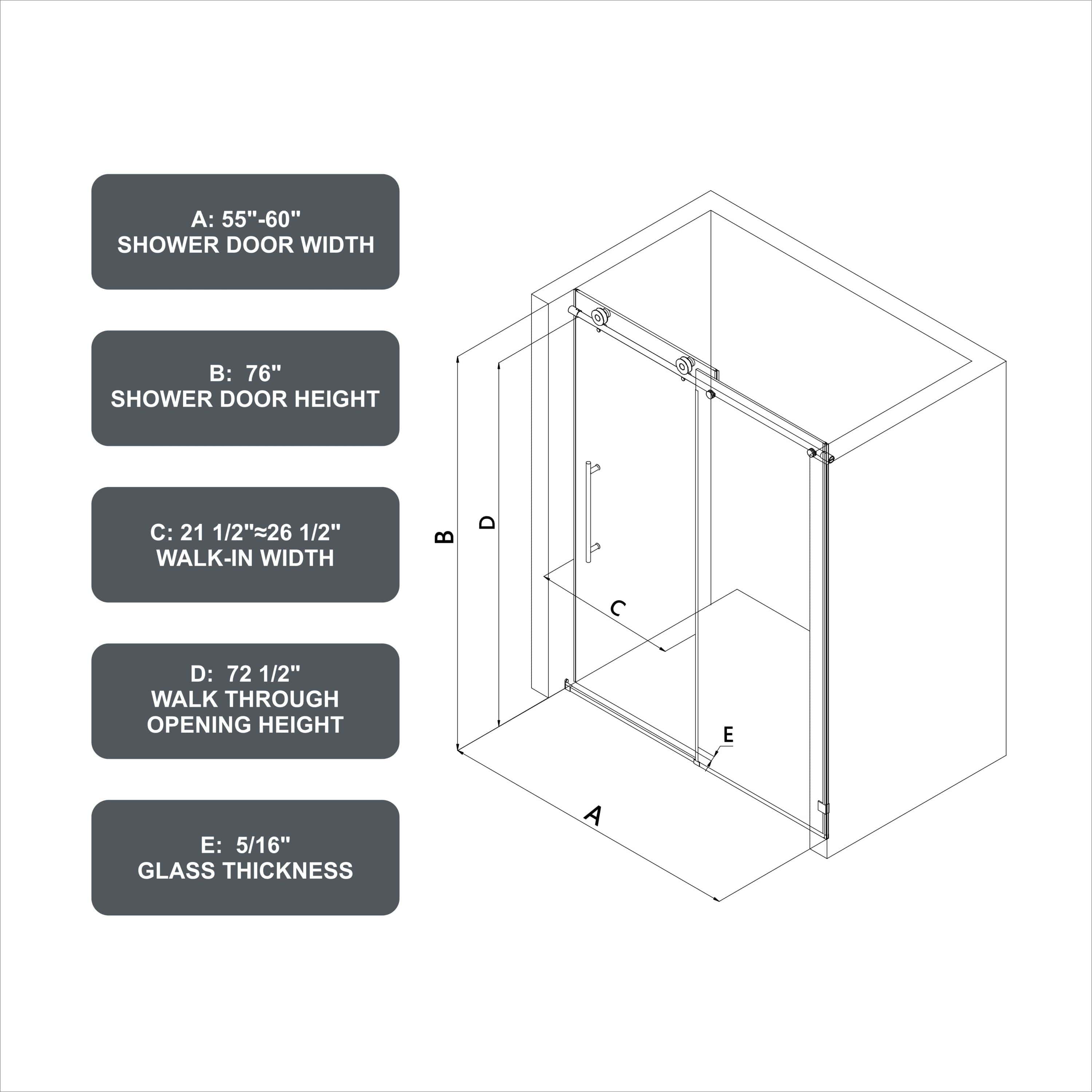 60"W x 76"H Brushed Nickel frameless one fixed and one shifted Shower Door, 70MM 304 stainless steel large pulleys with adjustable soft closing function,nano easy cleaning,stick explosion-proof menbrance