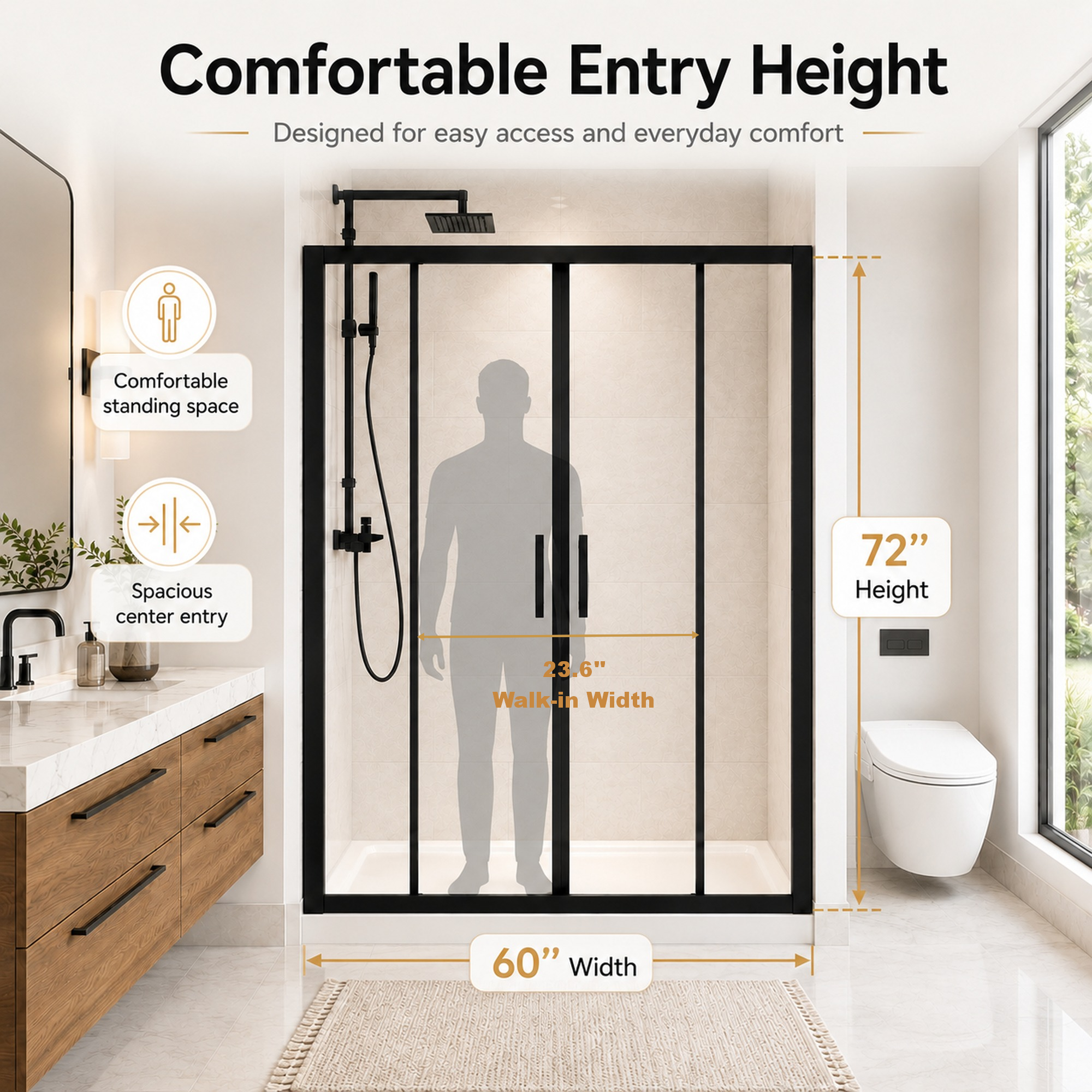 60 x 72 in Double Framed Sliding Shower Door - 60 x 72 in / Matte Black / 1/4 in Glass view 3