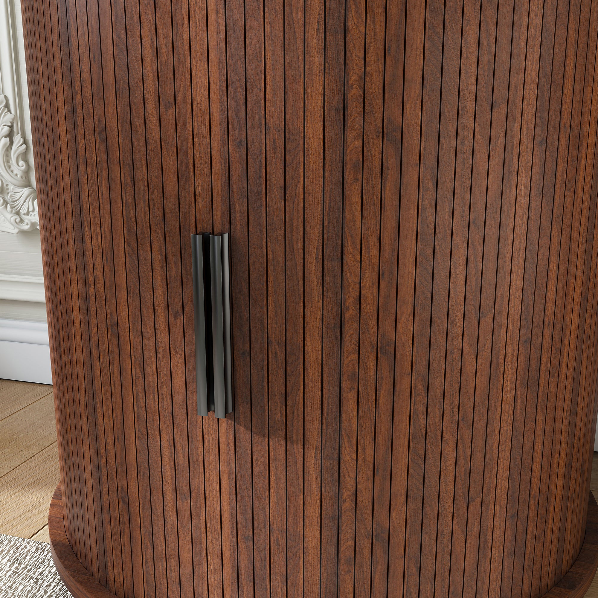 Mid-century walnut cylinder nightstand styled in bedroom setting