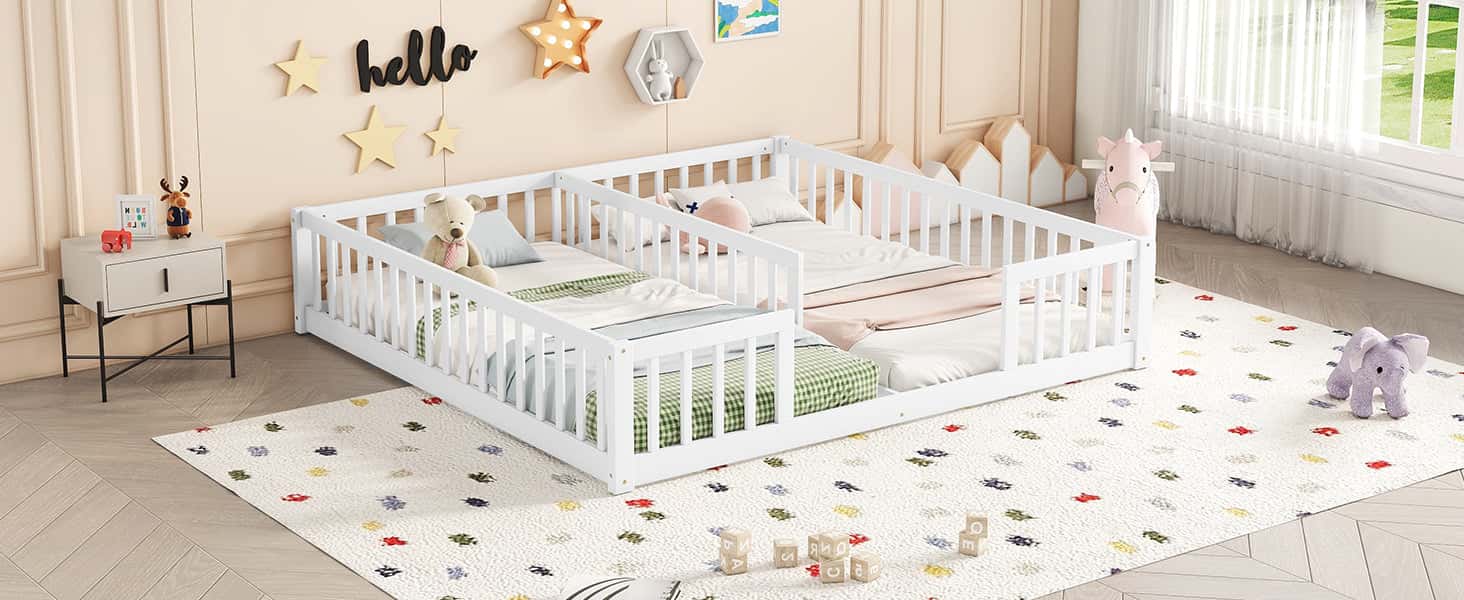 Double Twin Floor Bed with Fence, Guardrails, without door, White
