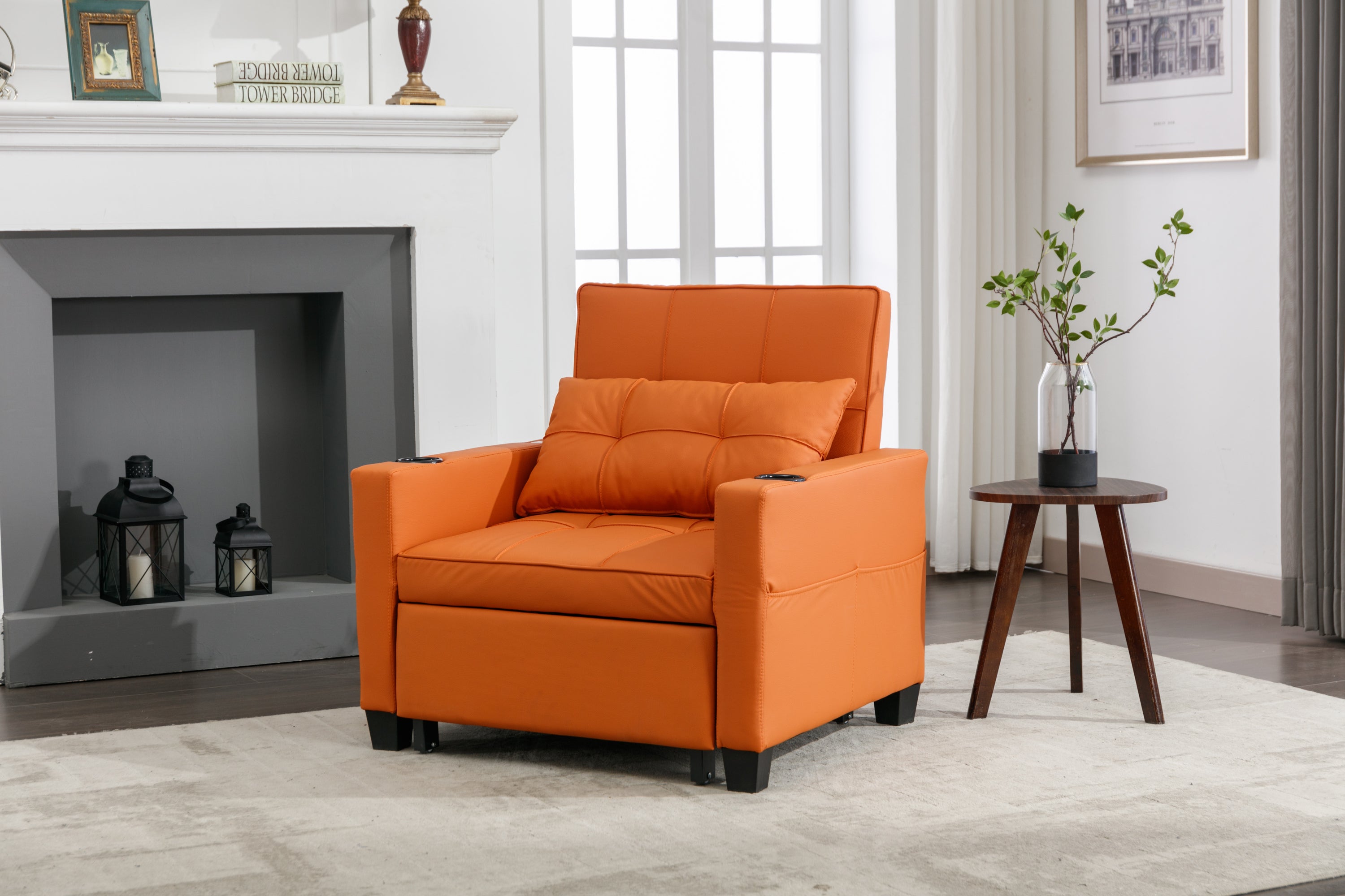 Futon Chair Bed Convertible Chair 3-in-1 Pull Out Sleeper Chair Beds with USB Ports,Wear-resistant and Anti-scratch, Armchair Bed Sleeper for Living Room (Orange Leather)