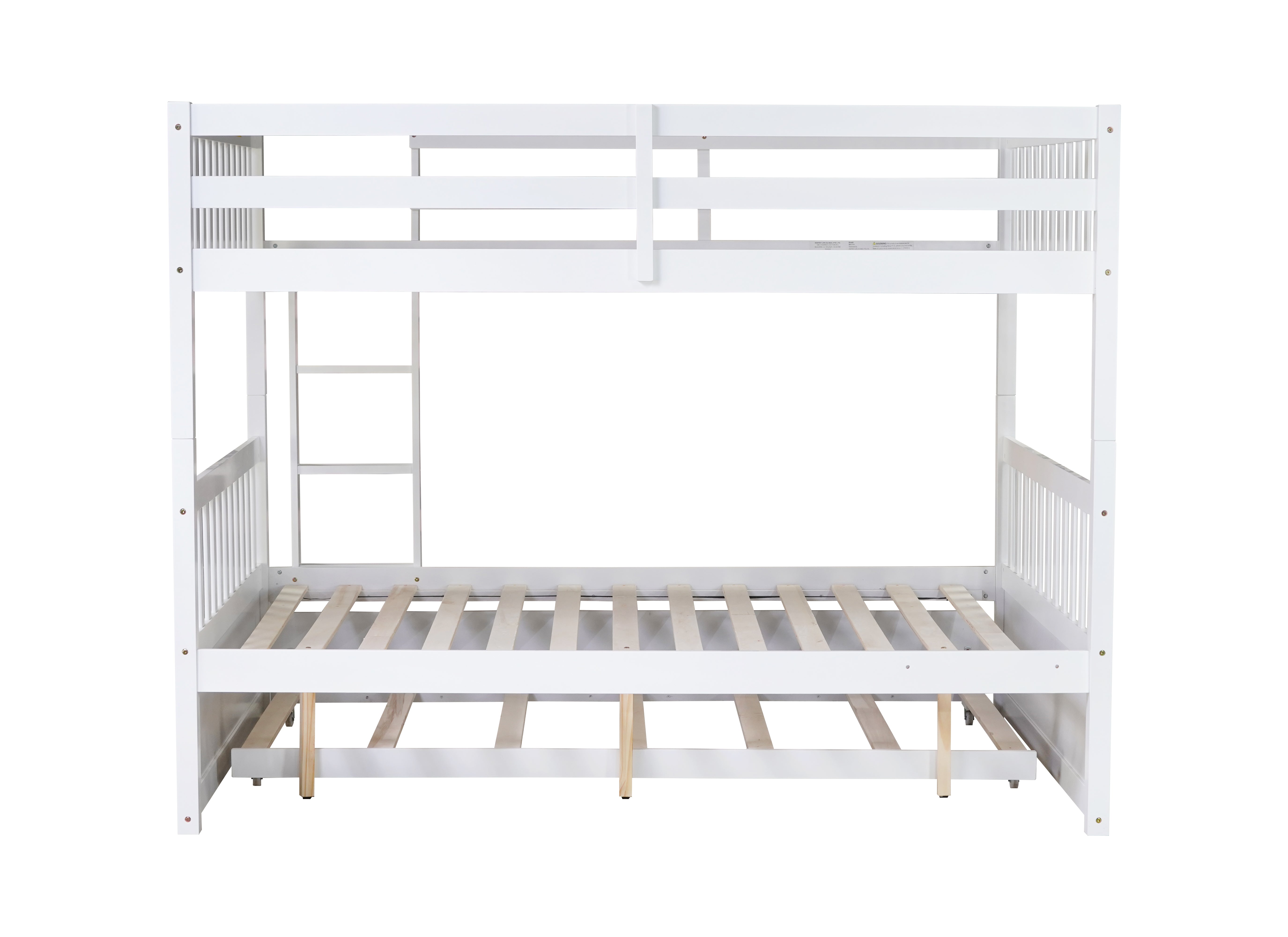 White full over full rubber wood bunk bed with twin trundle, front view