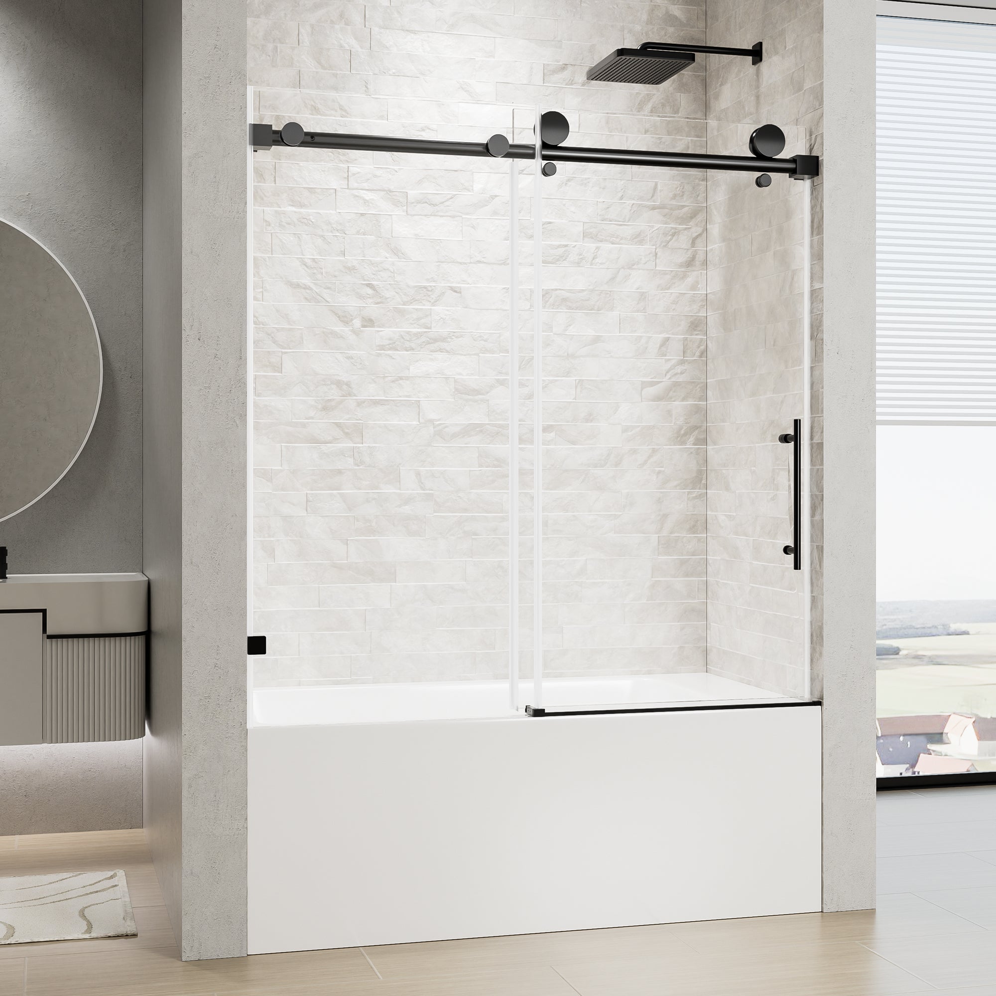 56-60 x 60 in Frameless Single Sliding Bathtub Door - 56-60 x 60 in / Matte Black / 5/16 in Glass view 2