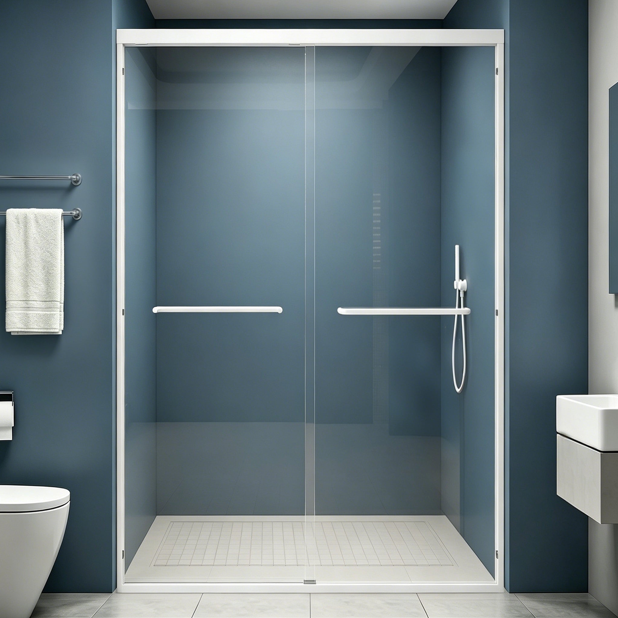 Semi-frameless double sliding shower door, 44-48 inch, White, hardware detail