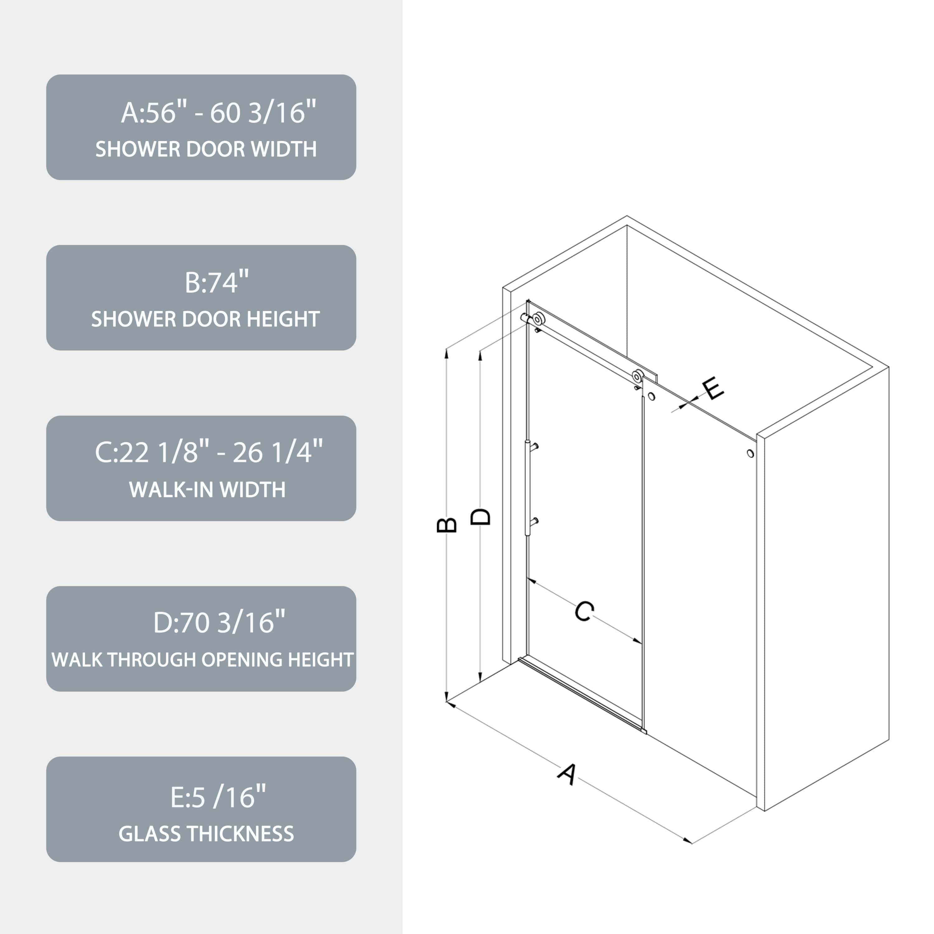 60"W x 74"H Glass shower door, sliding door, soft close system, with 5/16" tempered glass  6074