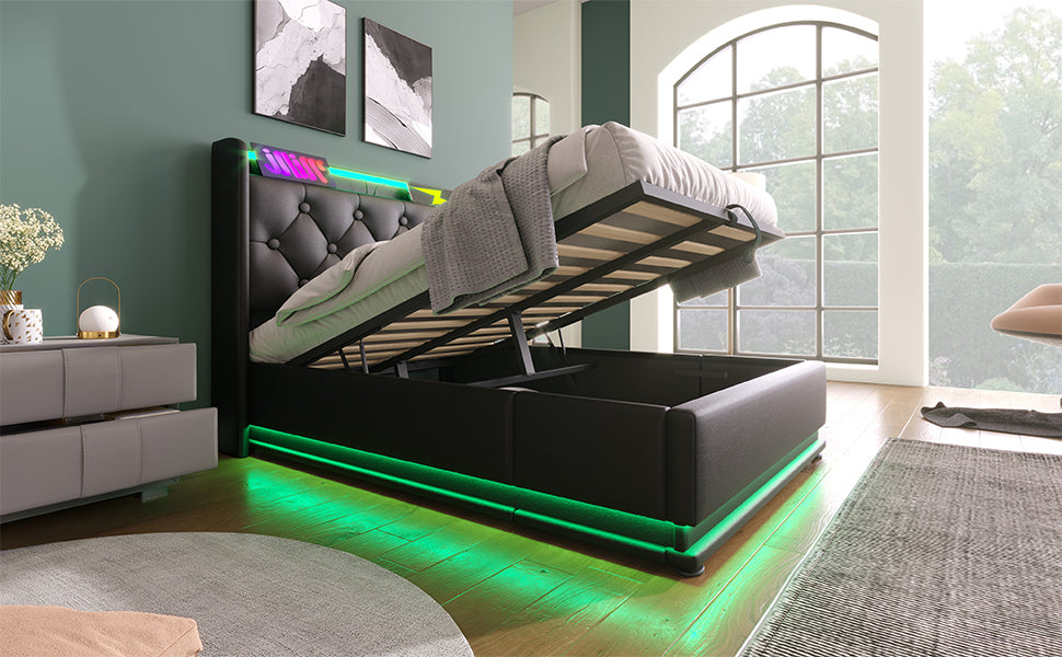 Twin size Upholstered bed, 360 surround LED function, Buttons/Apps/Remote Control, hydraulic storage bed with USB Type-C charging, Black, PU (Without mattress)