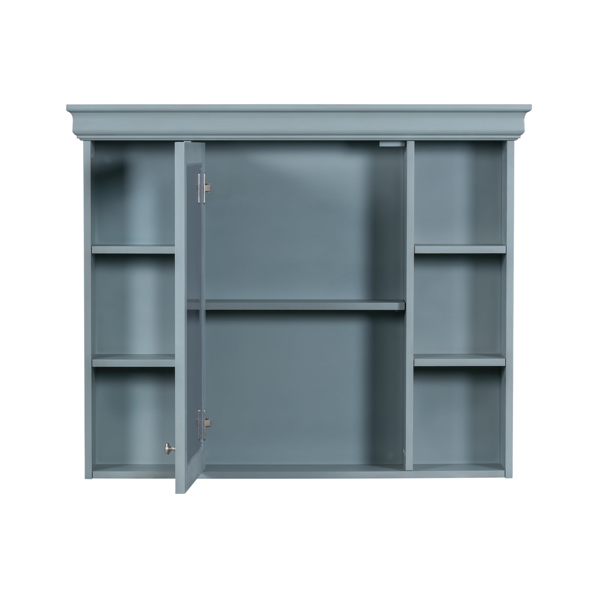 35'' x 28'' Blue Wall Mounted Bathroom Storage Cabinet with Mirror Door, Modern Bathroom Wall Cabinet with Mirror, Medicine Cabinet with 6 Open Shelves