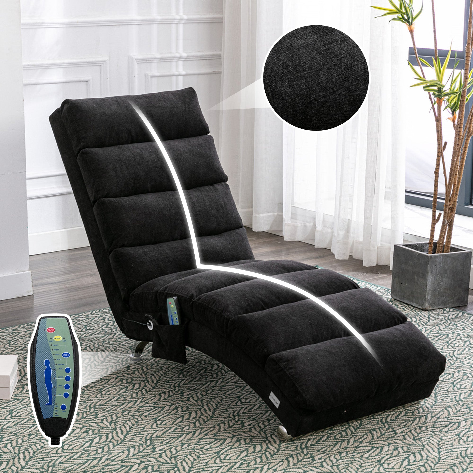 Modern upholstered fabric chaise lounge recliner with vibration, front view