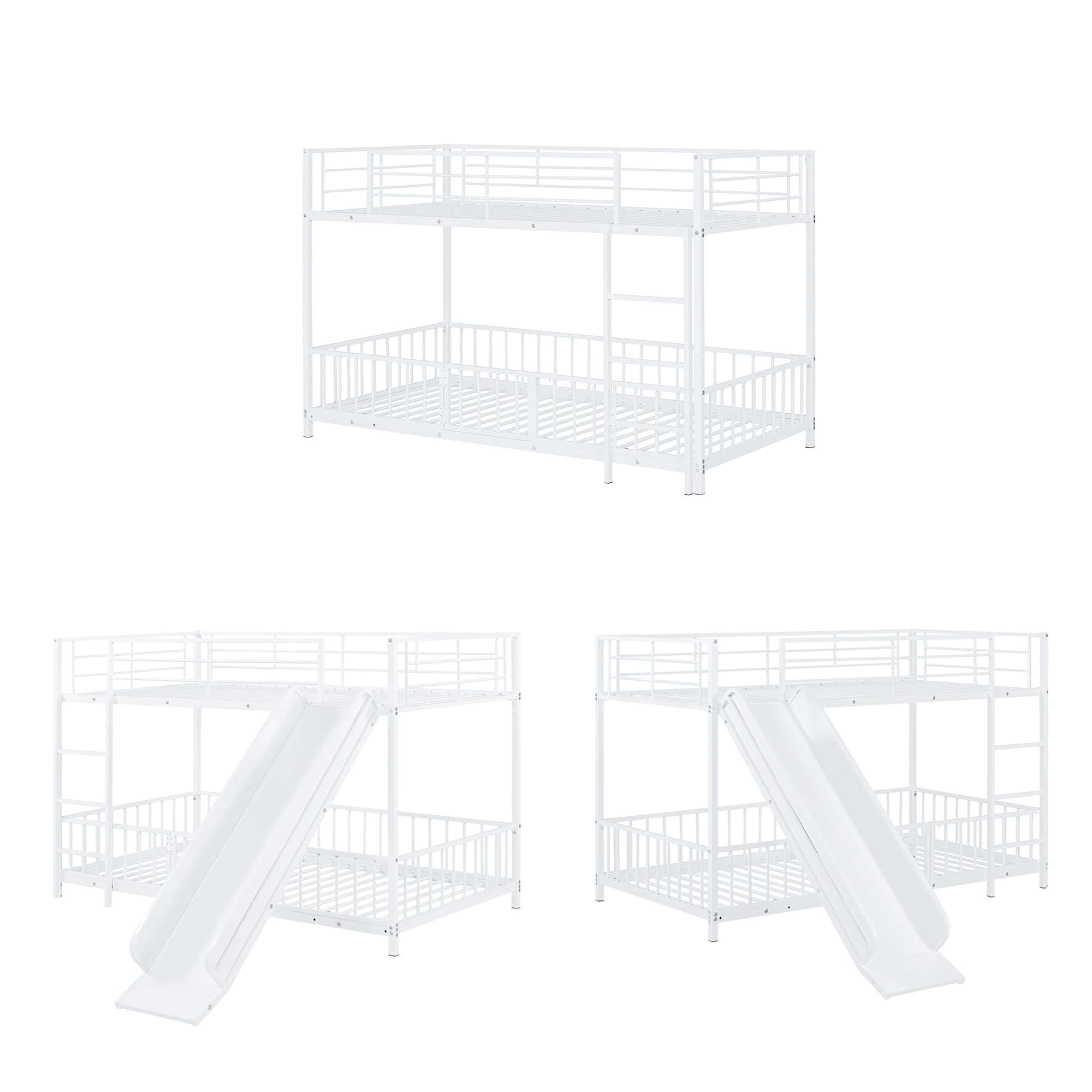 Twin over Twin Size Metal Bunk Bed with Slide and Guardrails, White