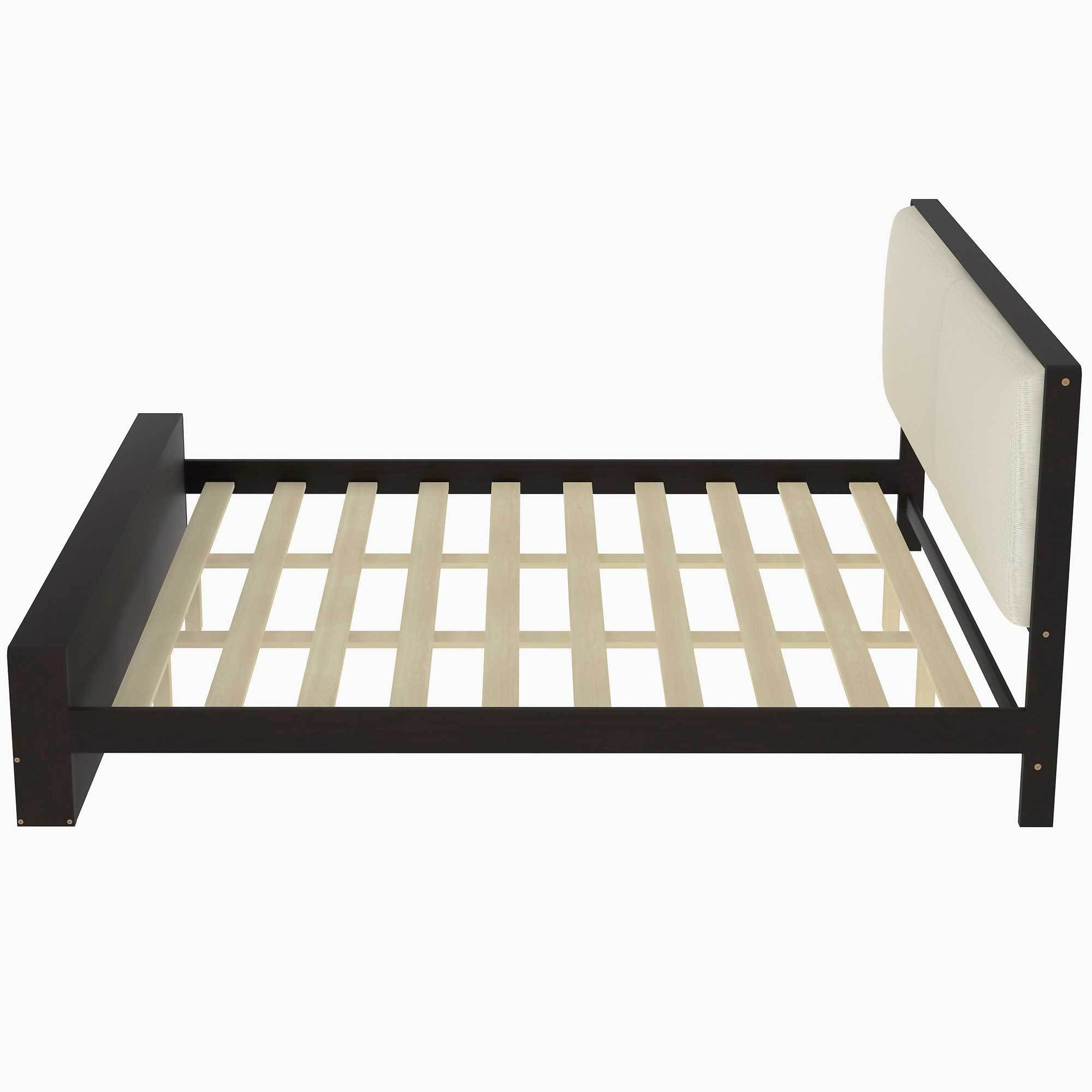 King Size Platform Bed Frame with Upholstery Headboard and Bookshelf in Footboard and LED Light Strips, Espresso